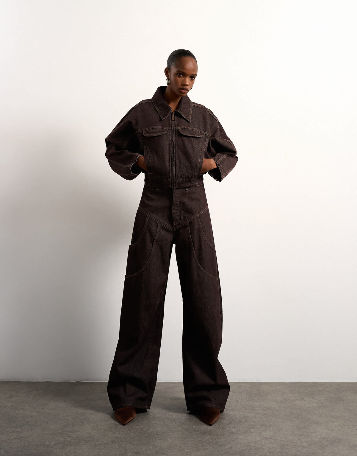 Tolu Coker x Topshop barrel denim jacket circular design in brown rinse