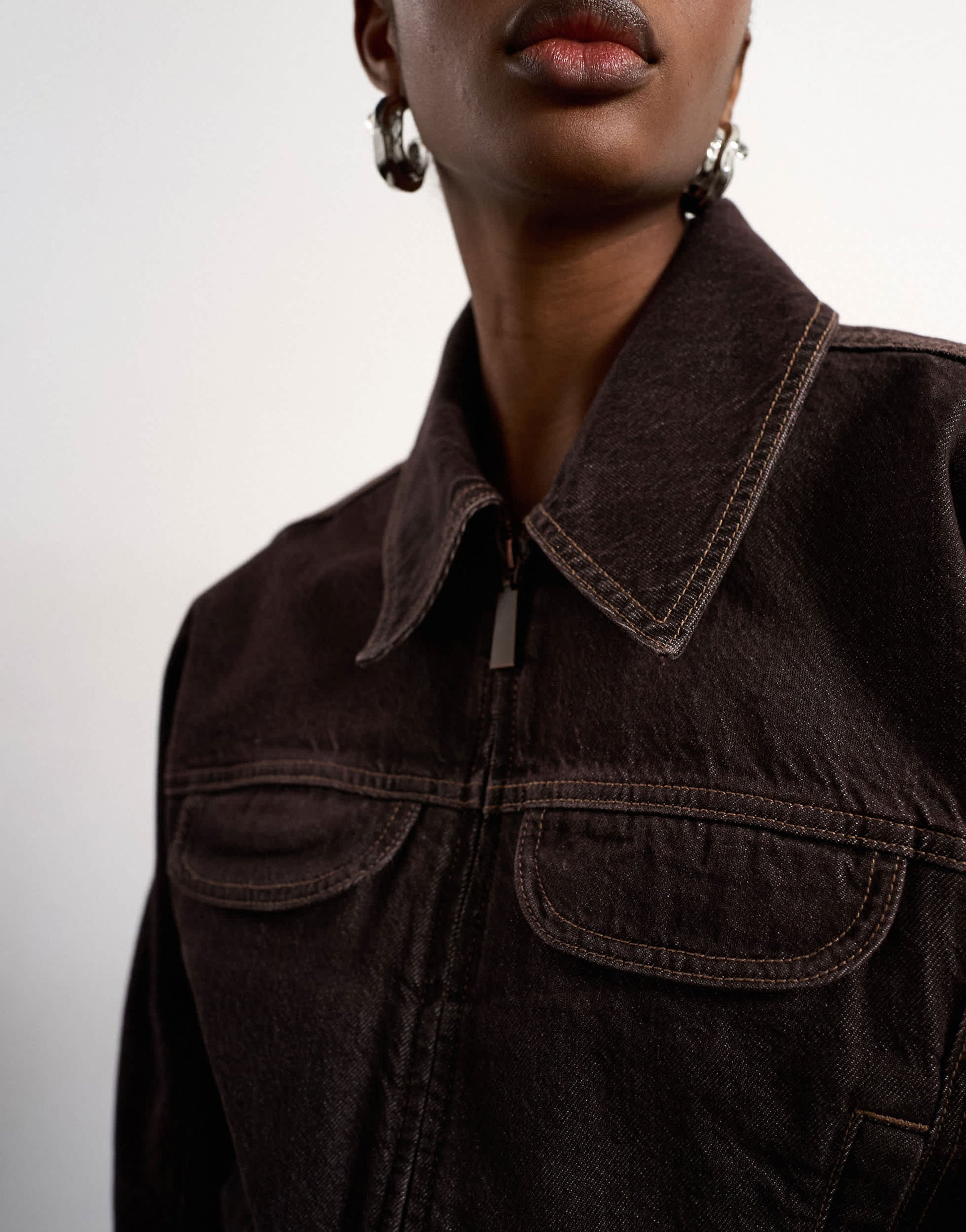 Tolu Coker x Topshop barrel denim jacket circular design in brown rinse