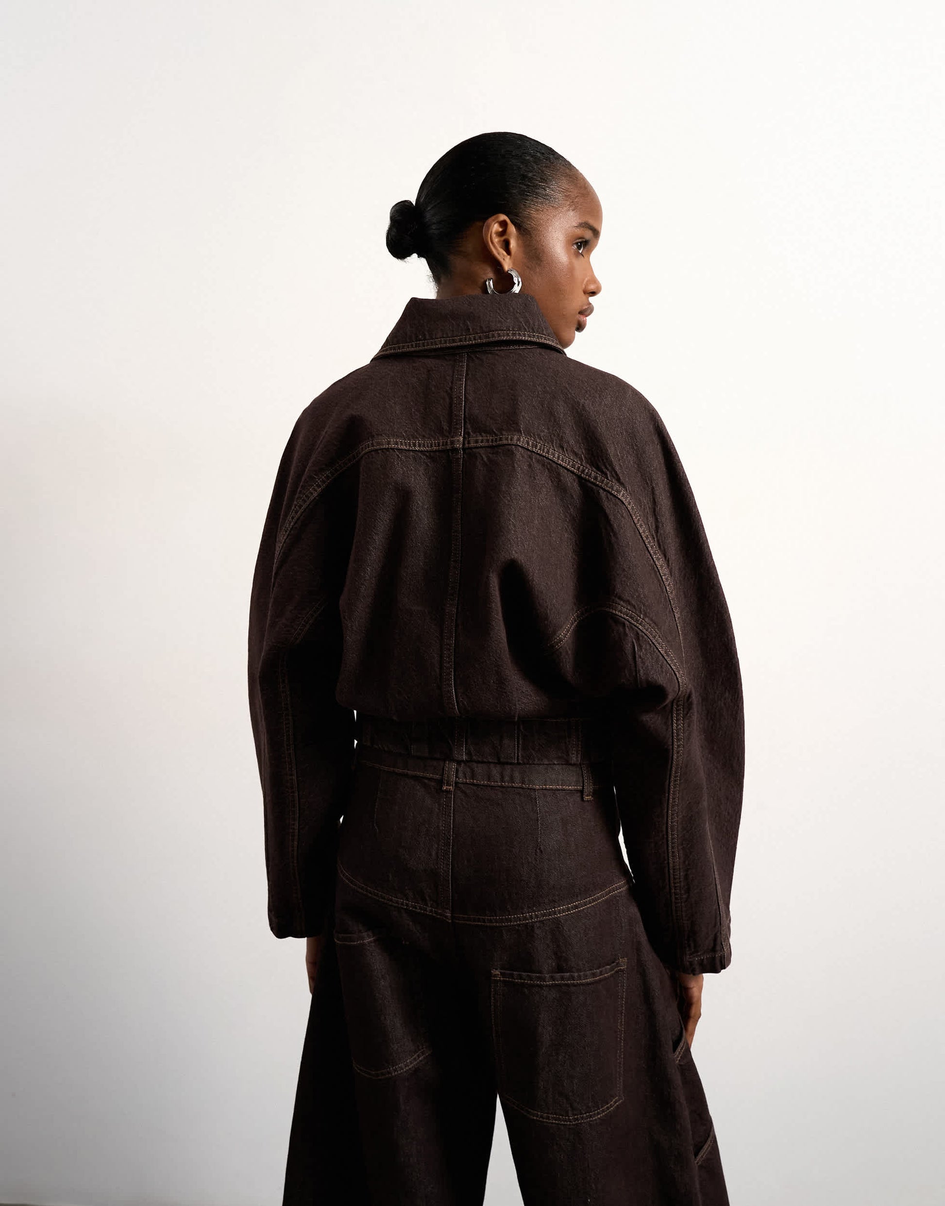 Tolu Coker x Topshop barrel denim jacket circular design in brown rinse