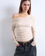 Topshop soft touch ruched off shoulder long sleeve top in oat marl