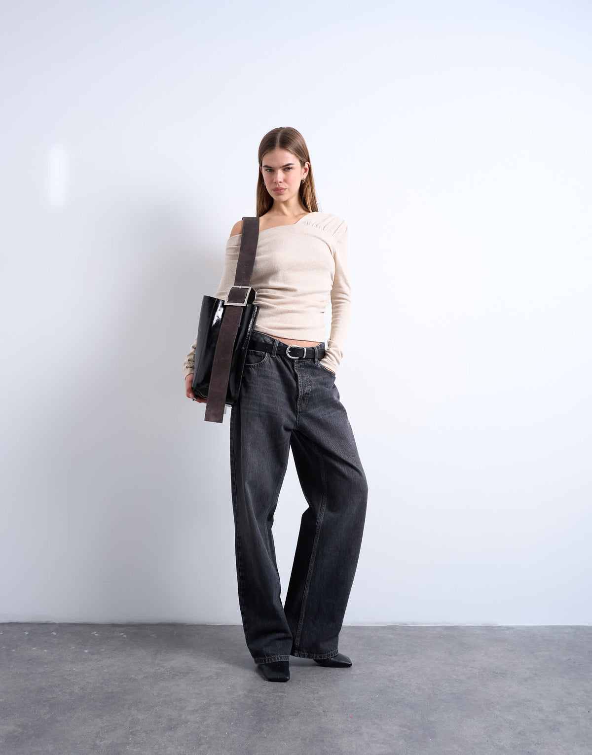 Topshop soft touch ruched off shoulder long sleeve top in oat marl