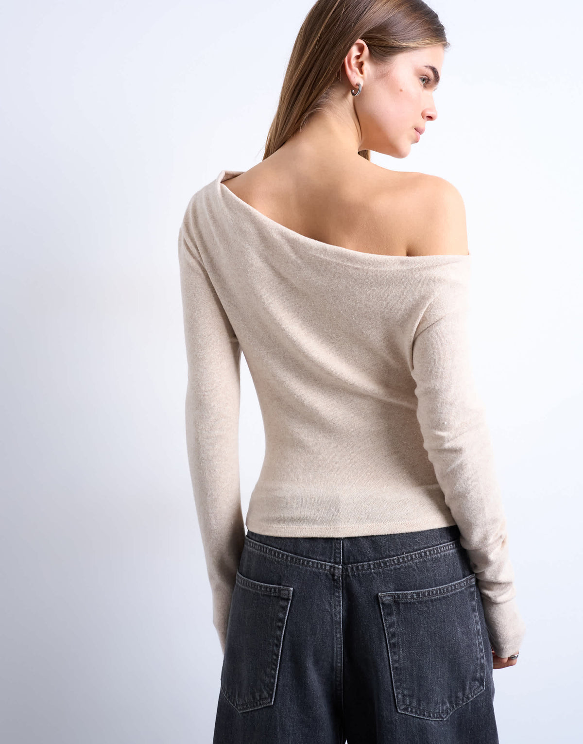 Topshop soft touch ruched off shoulder long sleeve top in oat marl