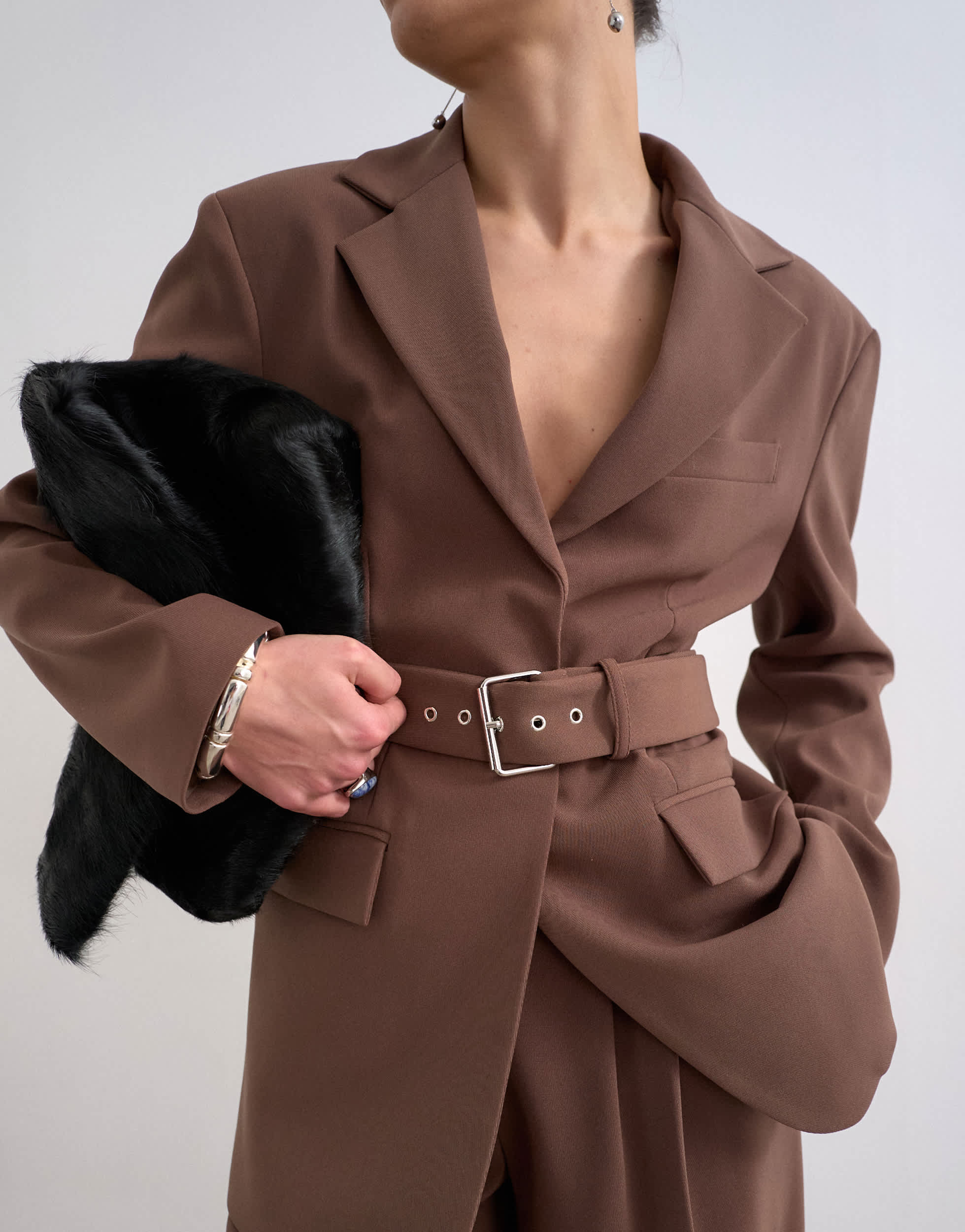 Topshop co ord high break belted blazer in chocolate