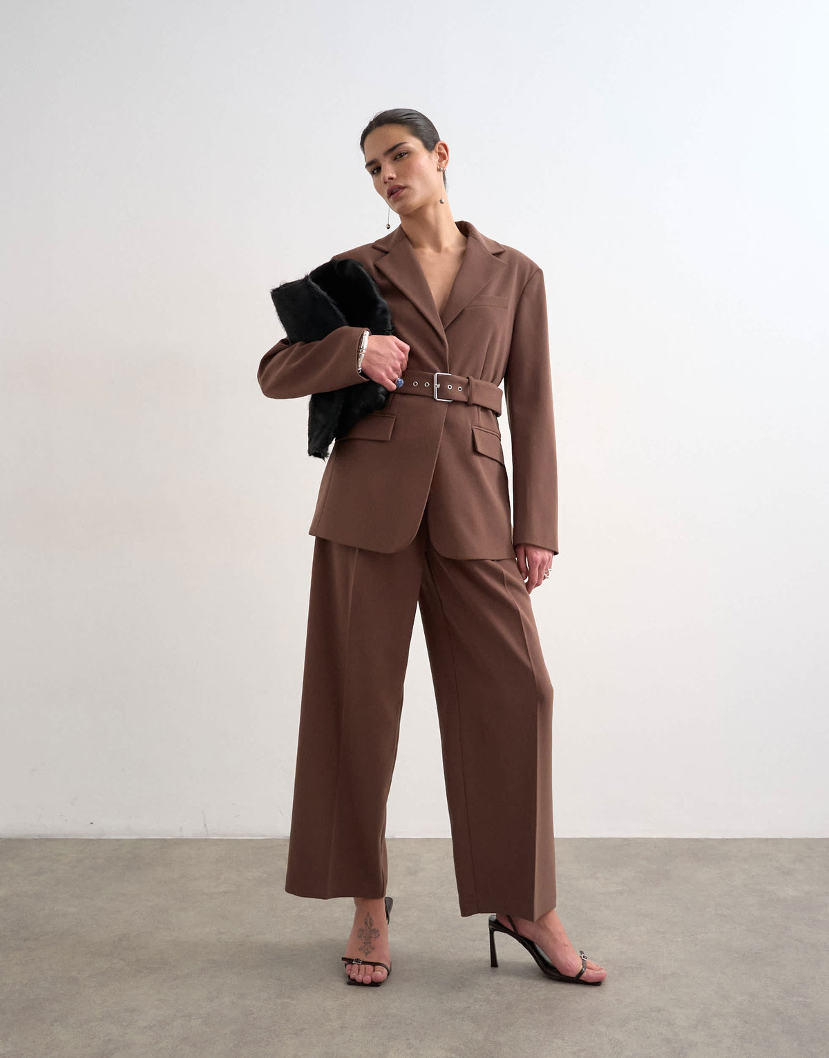 Topshop co ord high break belted blazer in chocolate