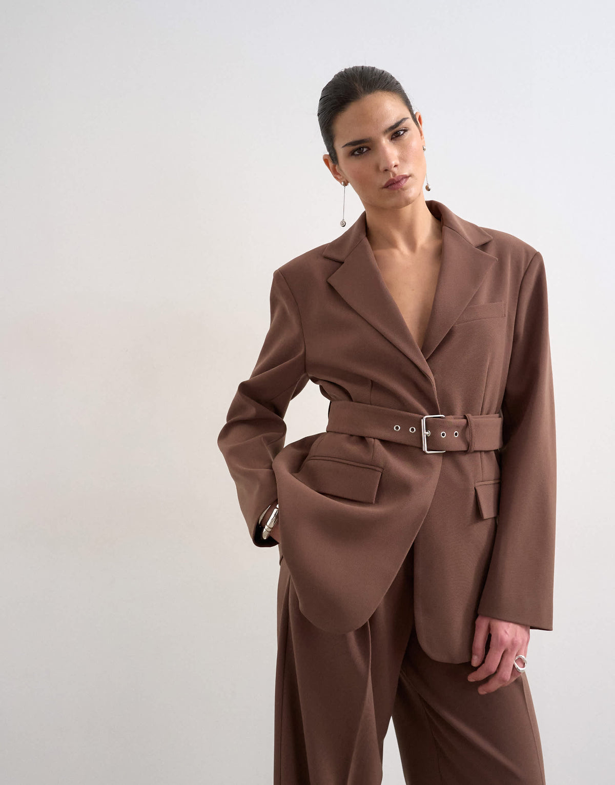 Topshop co ord high break belted blazer in chocolate