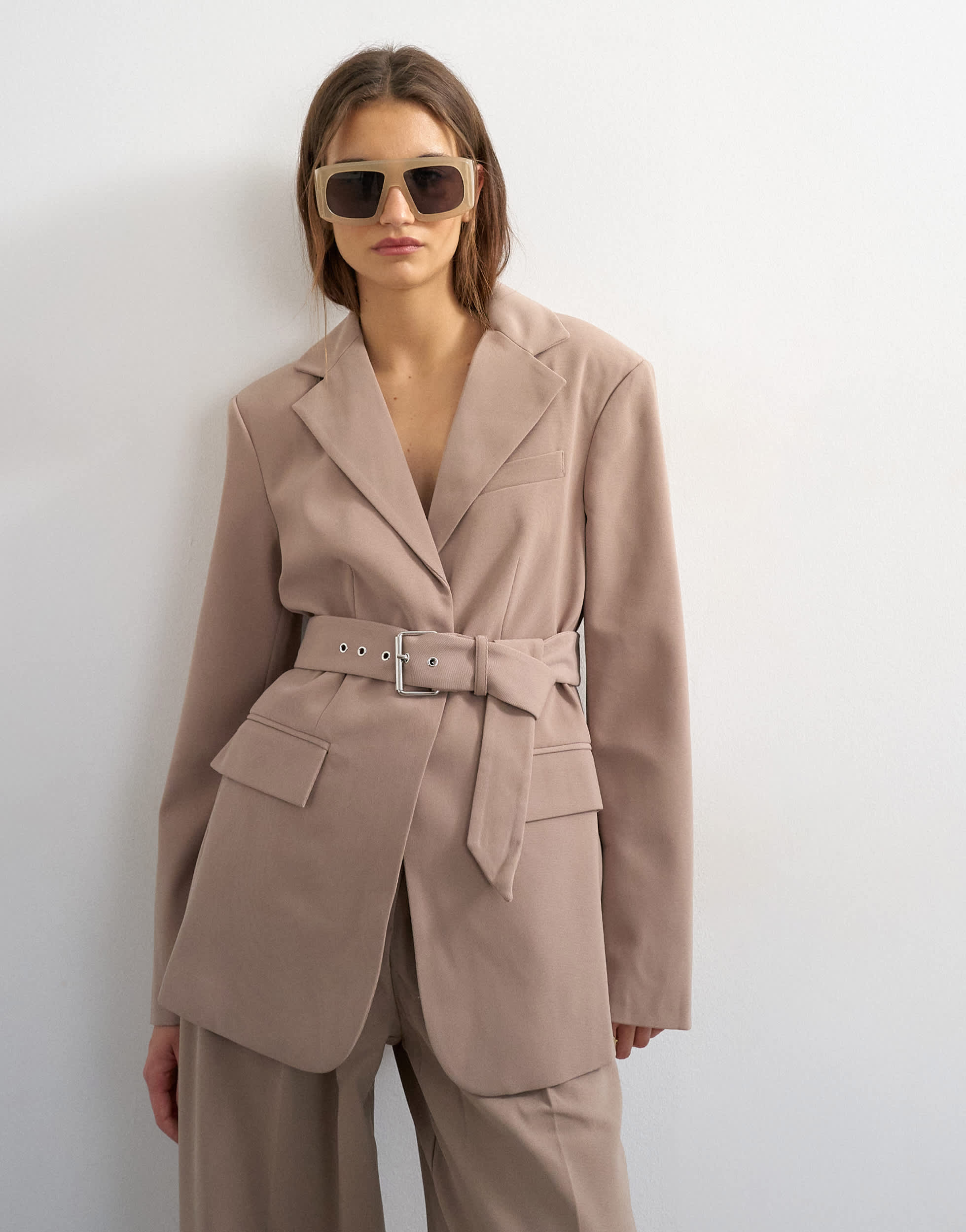 Topshop high break belted blazer in beige