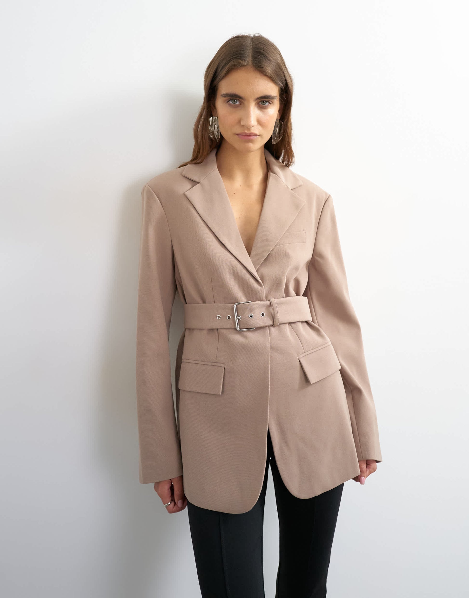 Topshop high break belted blazer in beige