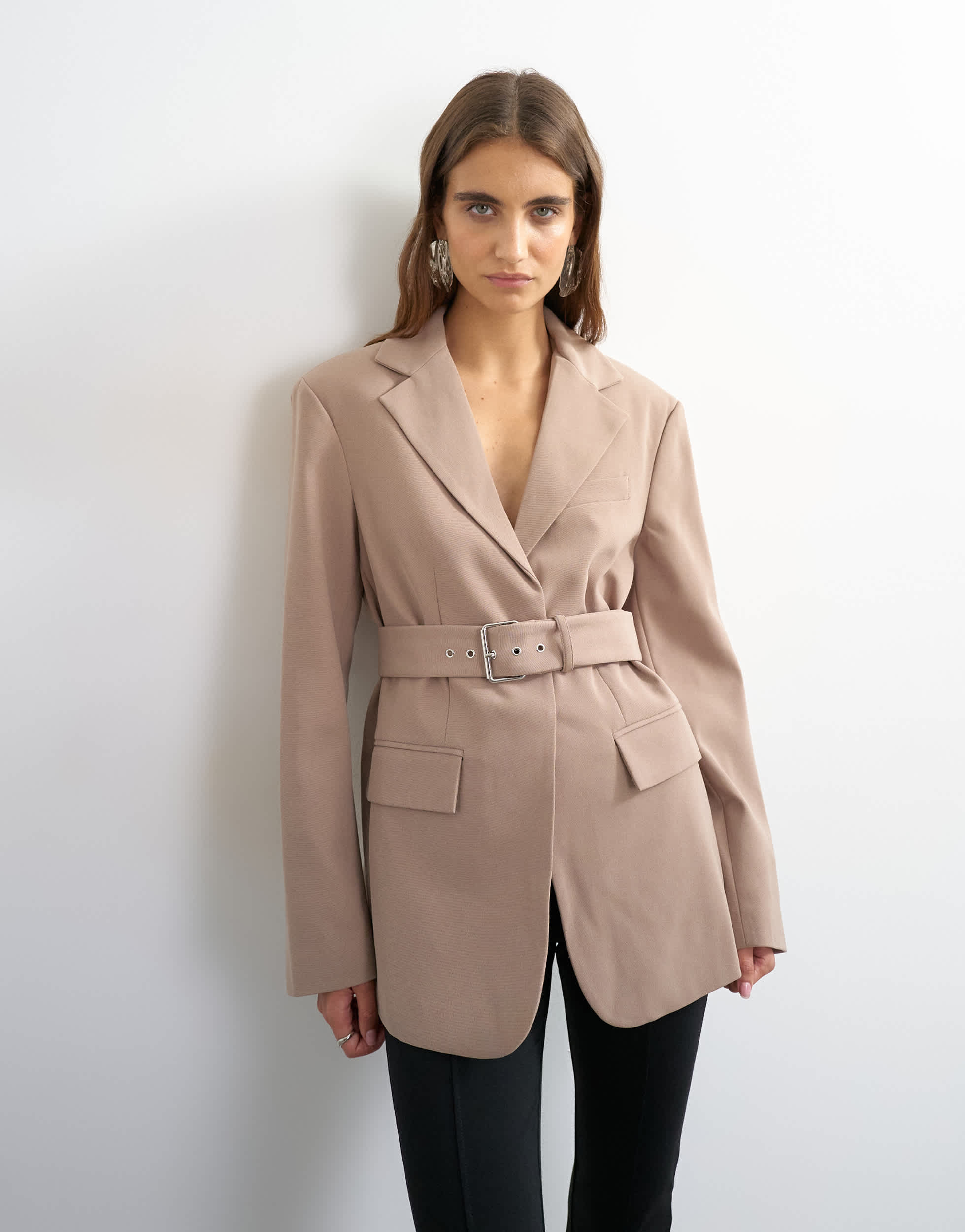 Topshop high break belted blazer in beige