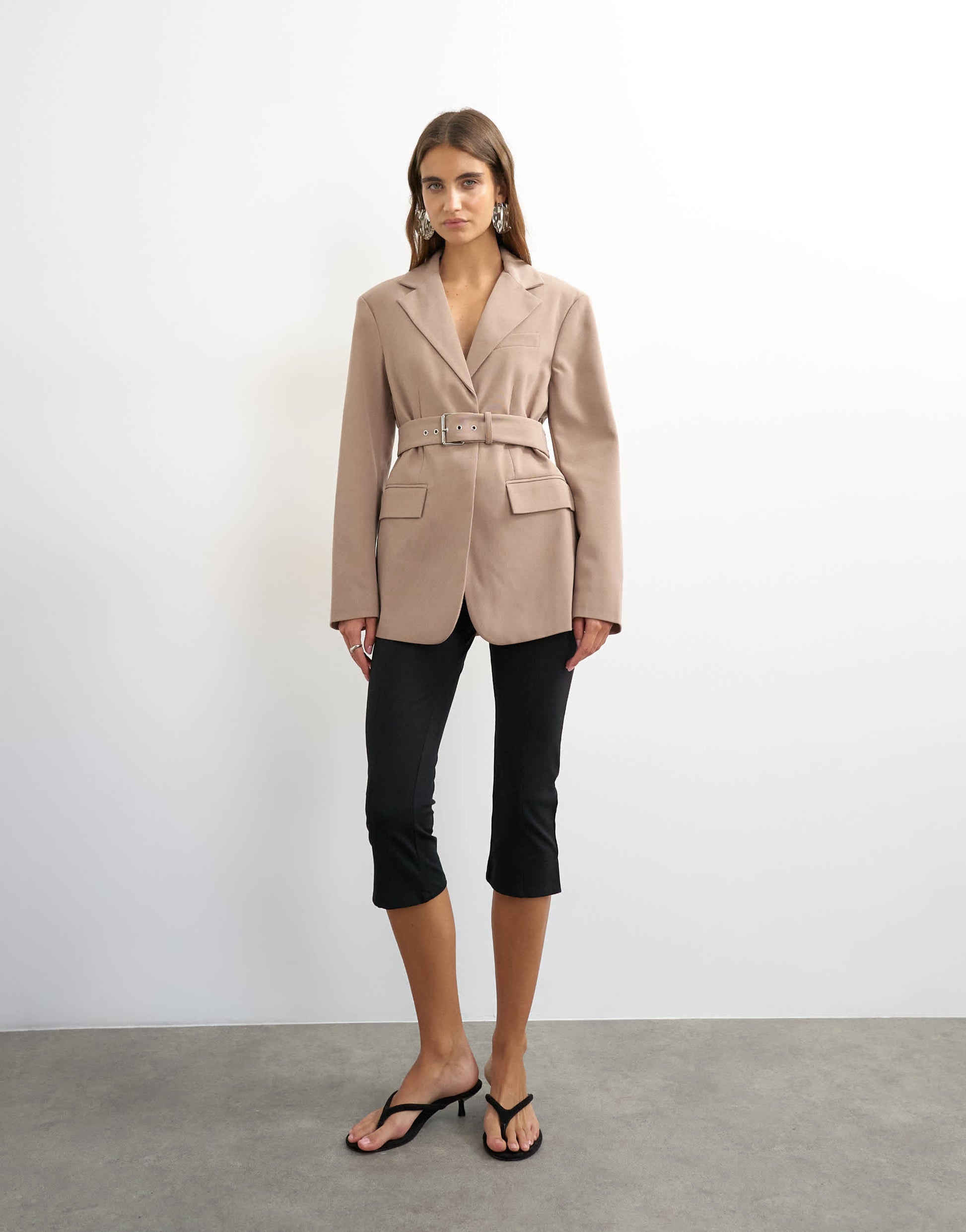 Topshop high break belted blazer in beige