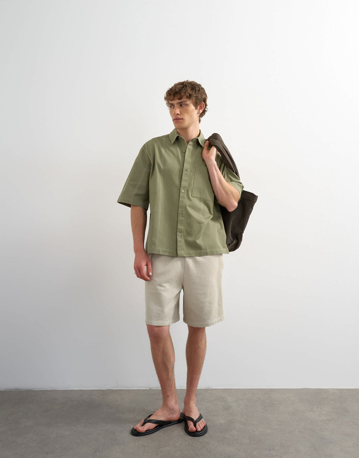 Topman relaxed fit crop short sleeve herringbone shirt in olive green
