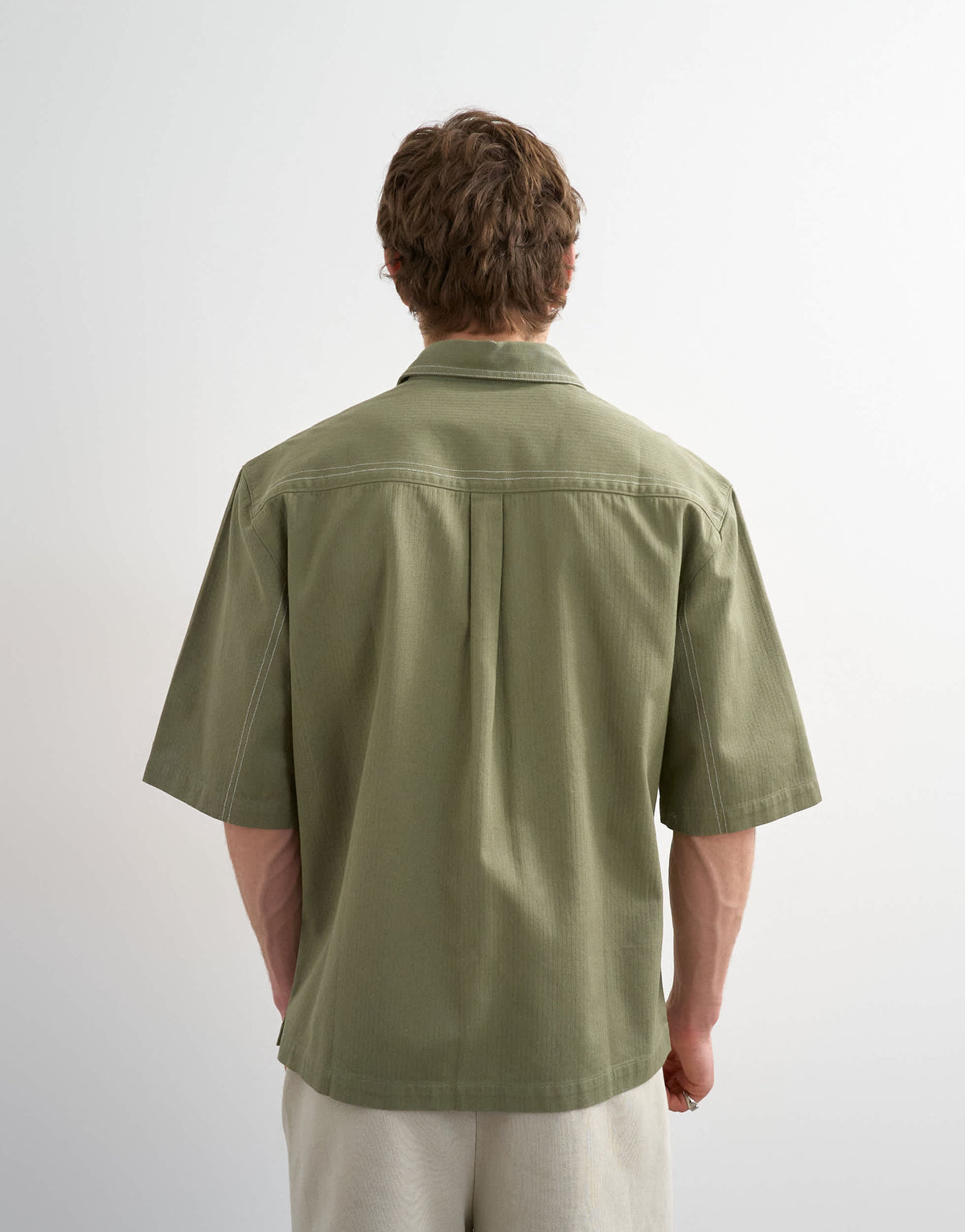 Topman relaxed fit crop short sleeve herringbone shirt in olive green