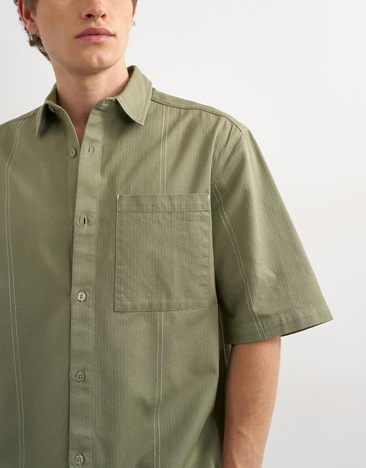 Topman relaxed fit crop short sleeve herringbone shirt in olive green