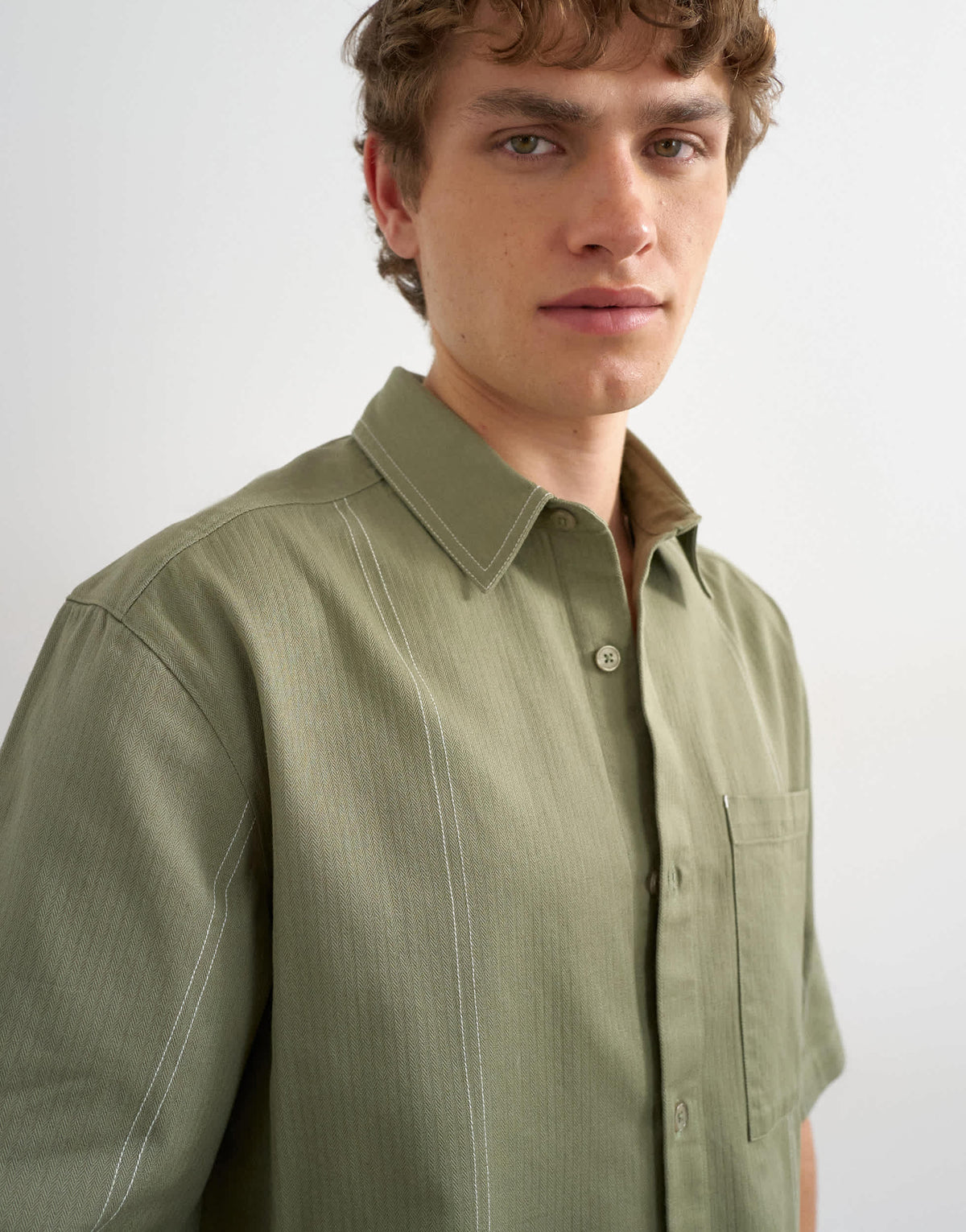Topman relaxed fit crop short sleeve herringbone shirt in olive green