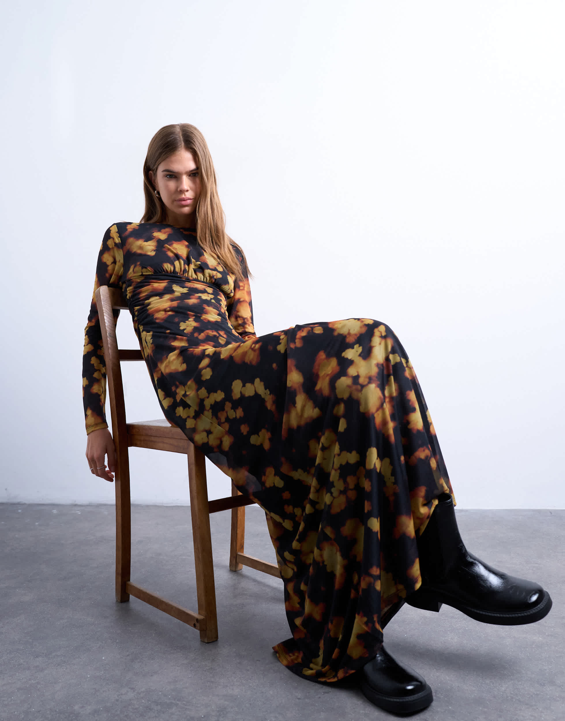 Topshop blurred floral print long sleeve maxi dress in black