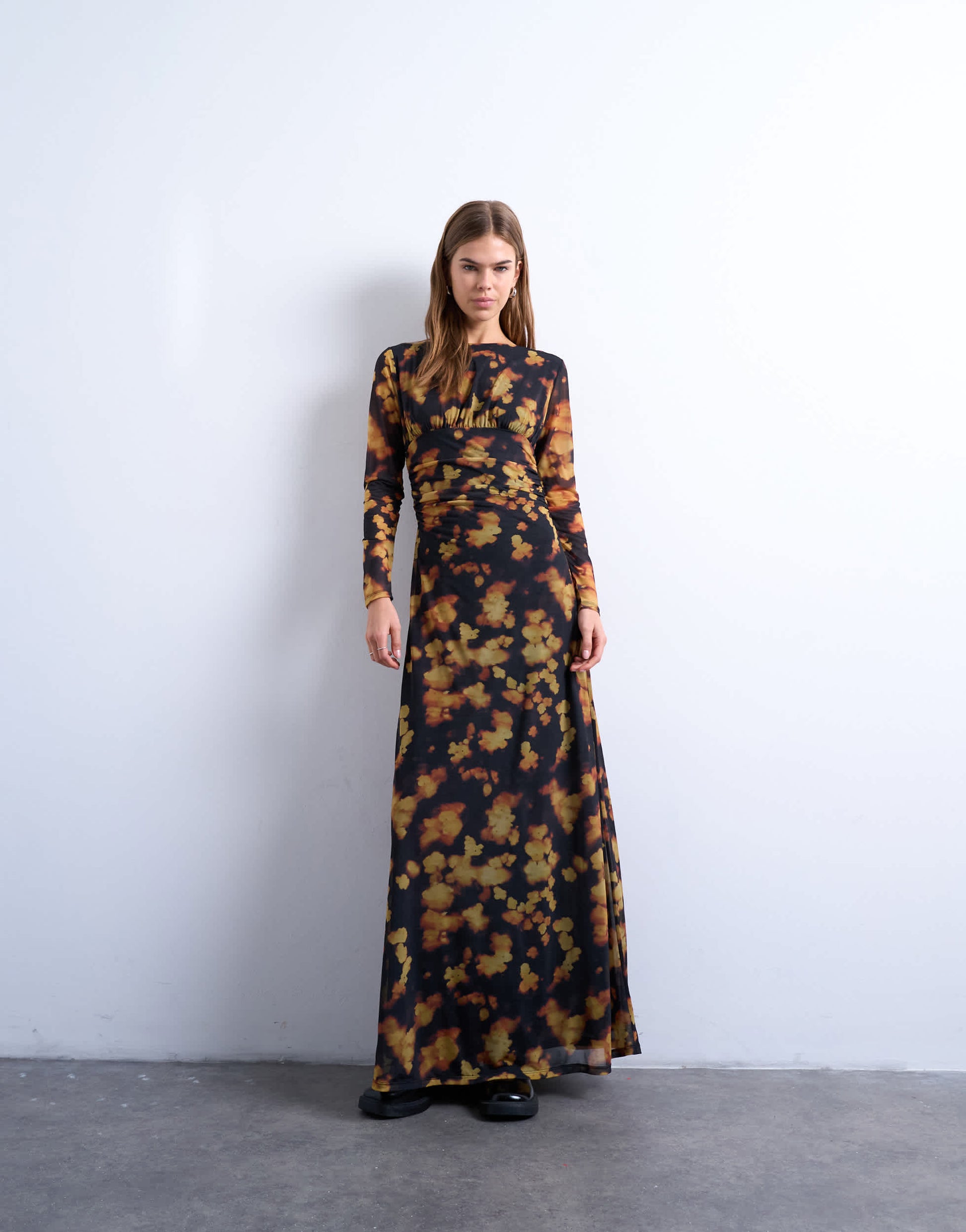 Topshop blurred floral print long sleeve maxi dress in black