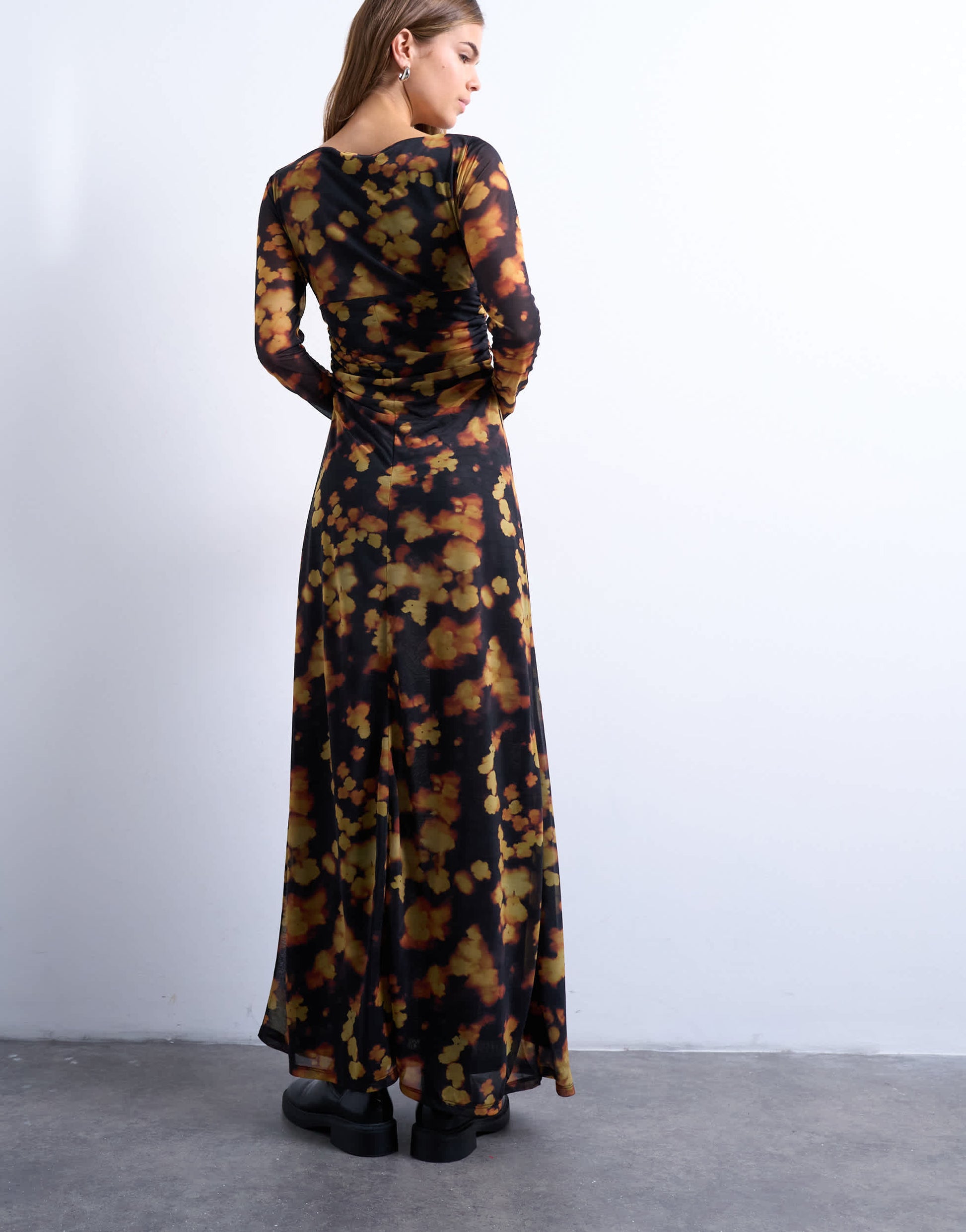 Topshop blurred floral print long sleeve maxi dress in black