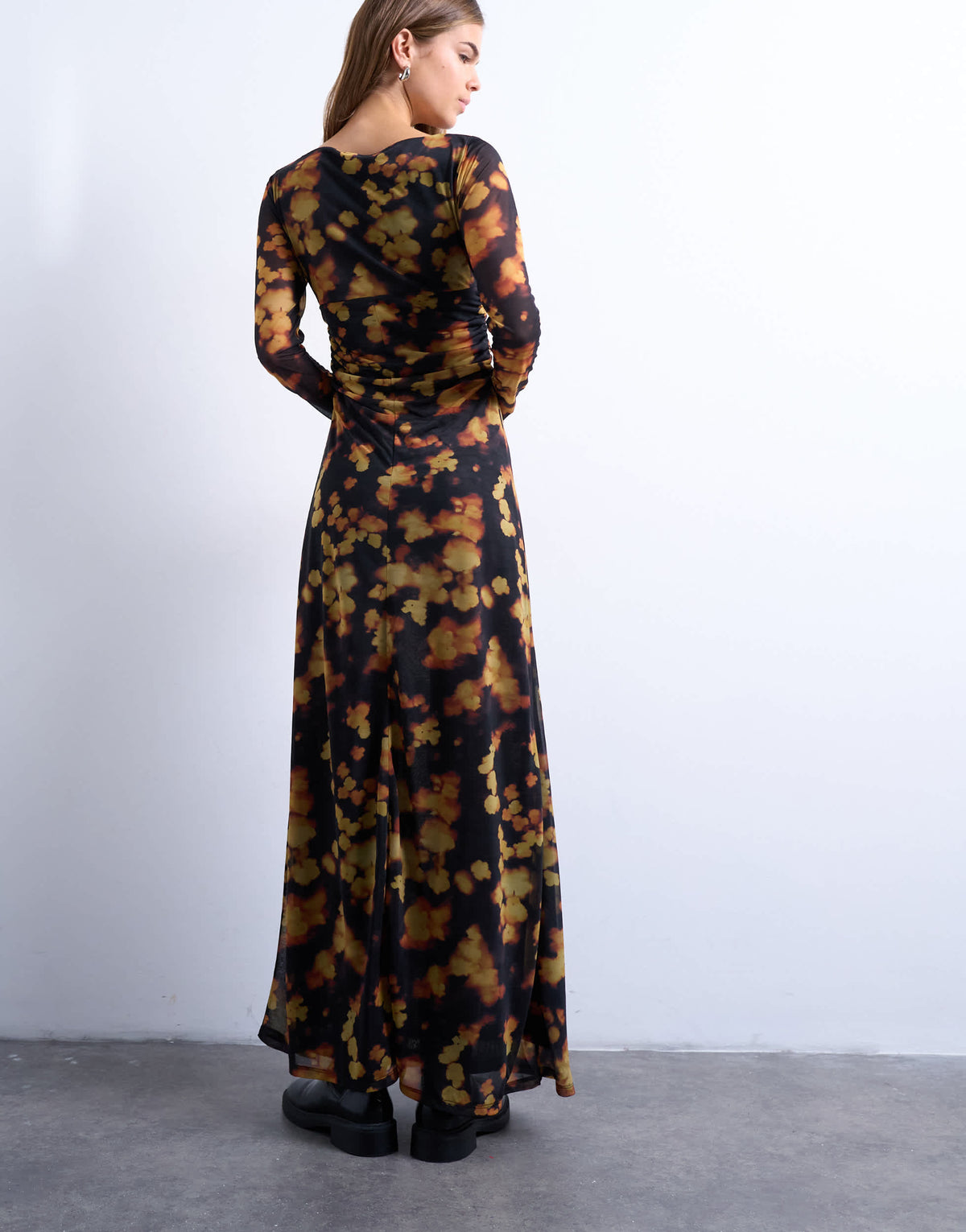 Topshop blurred floral print long sleeve maxi dress in black