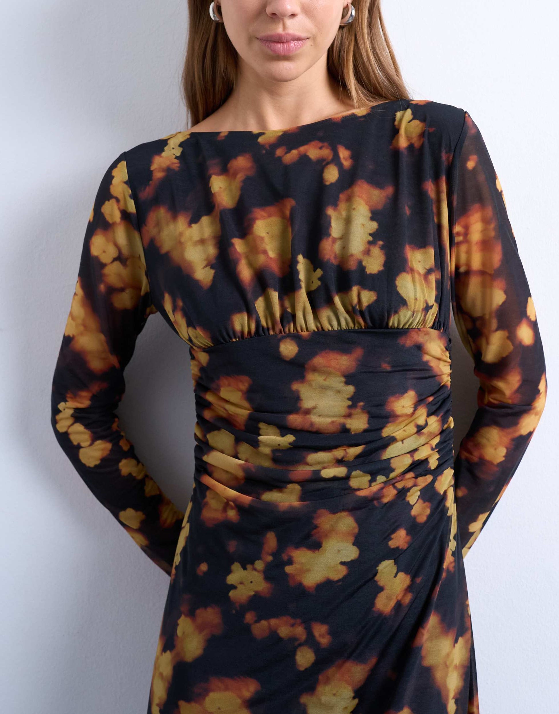 Topshop blurred floral print long sleeve maxi dress in black