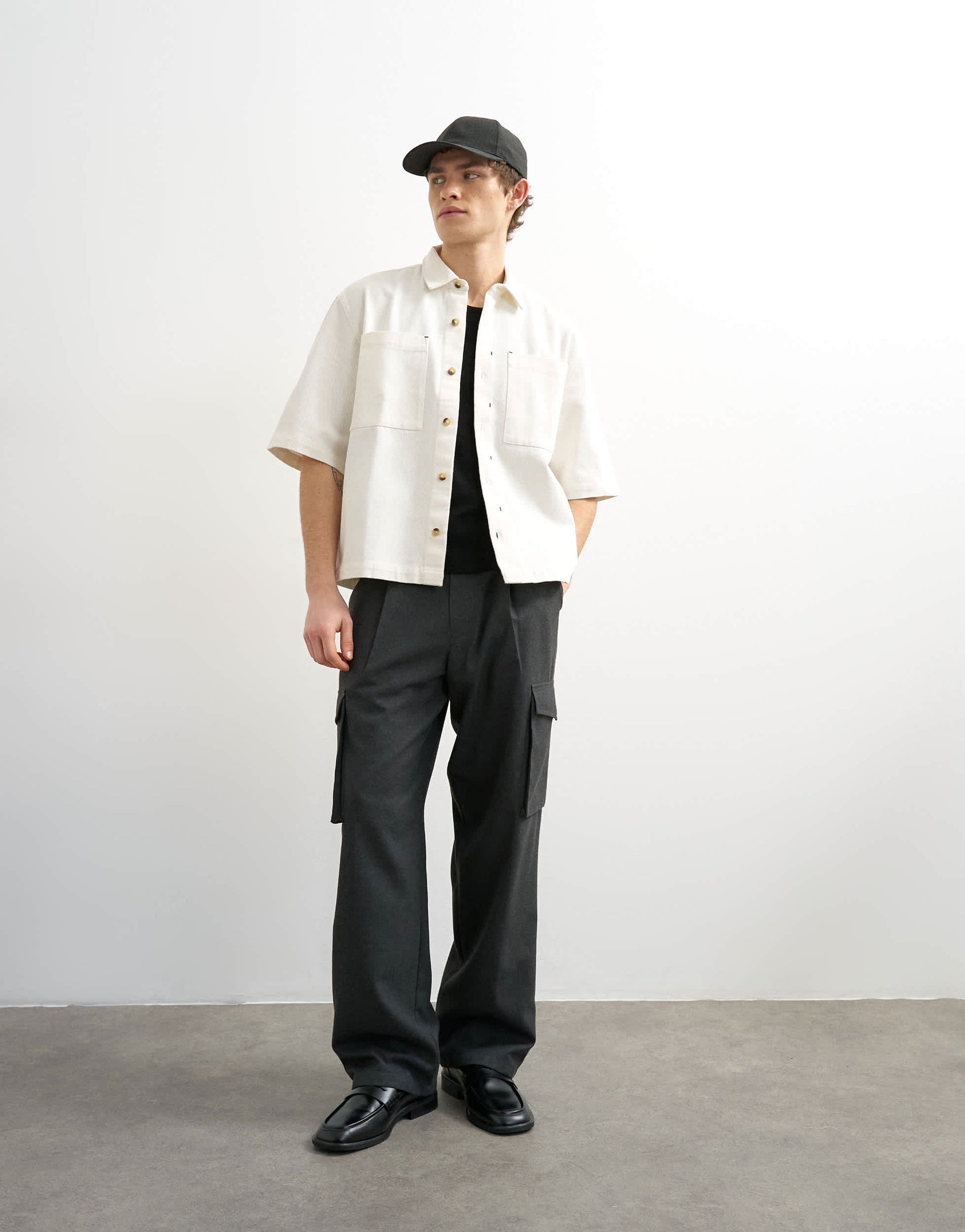 Topman relaxed fit short sleeve twill crop overshirt in contrast ecru