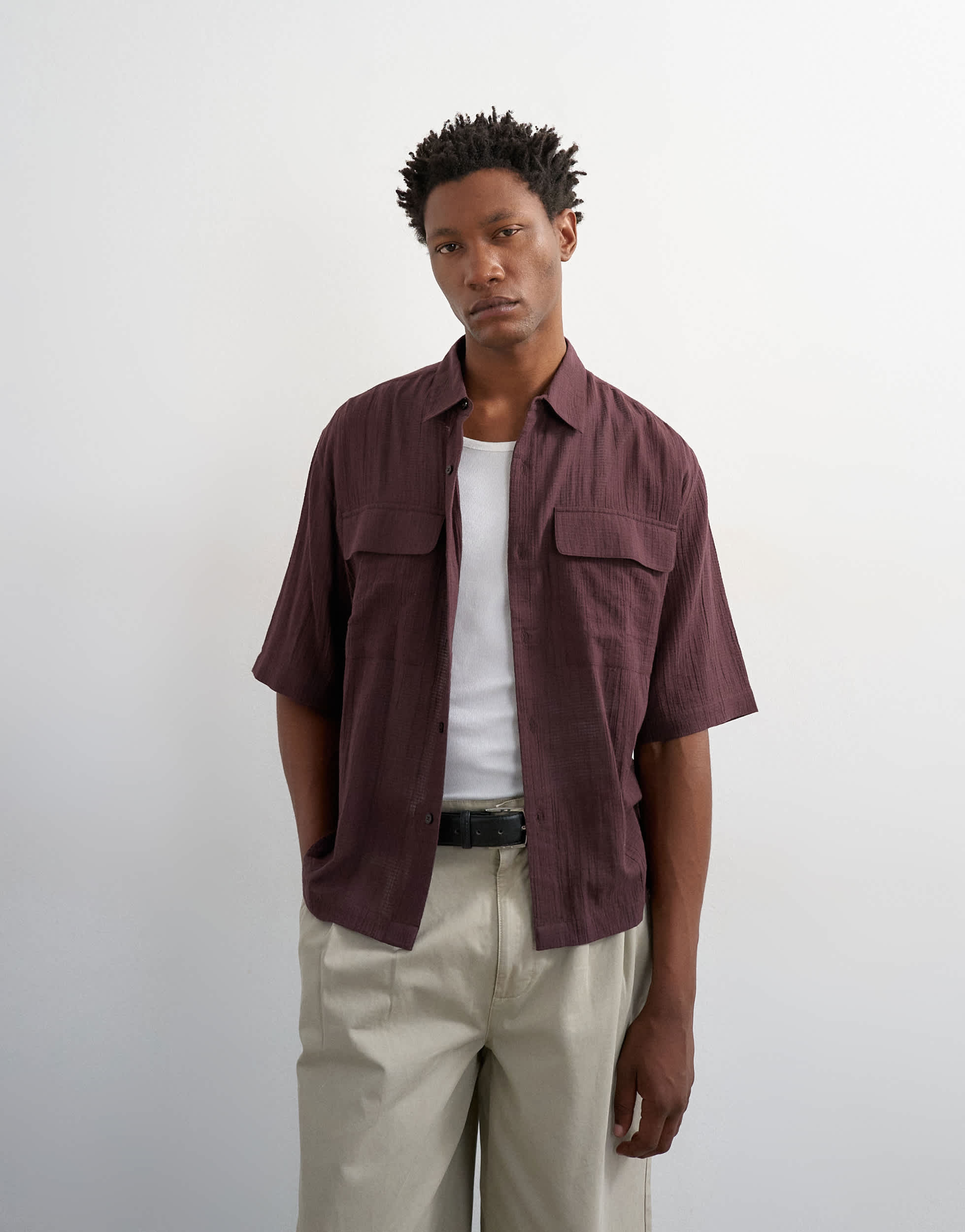 Topman relaxed fit crop sheer ripstop short sleeve shirt in brown