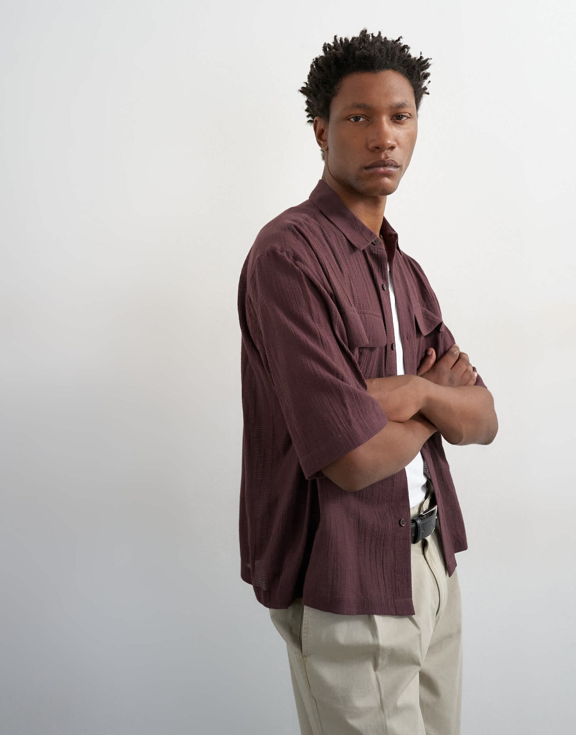 Topman relaxed fit crop sheer ripstop short sleeve shirt in brown