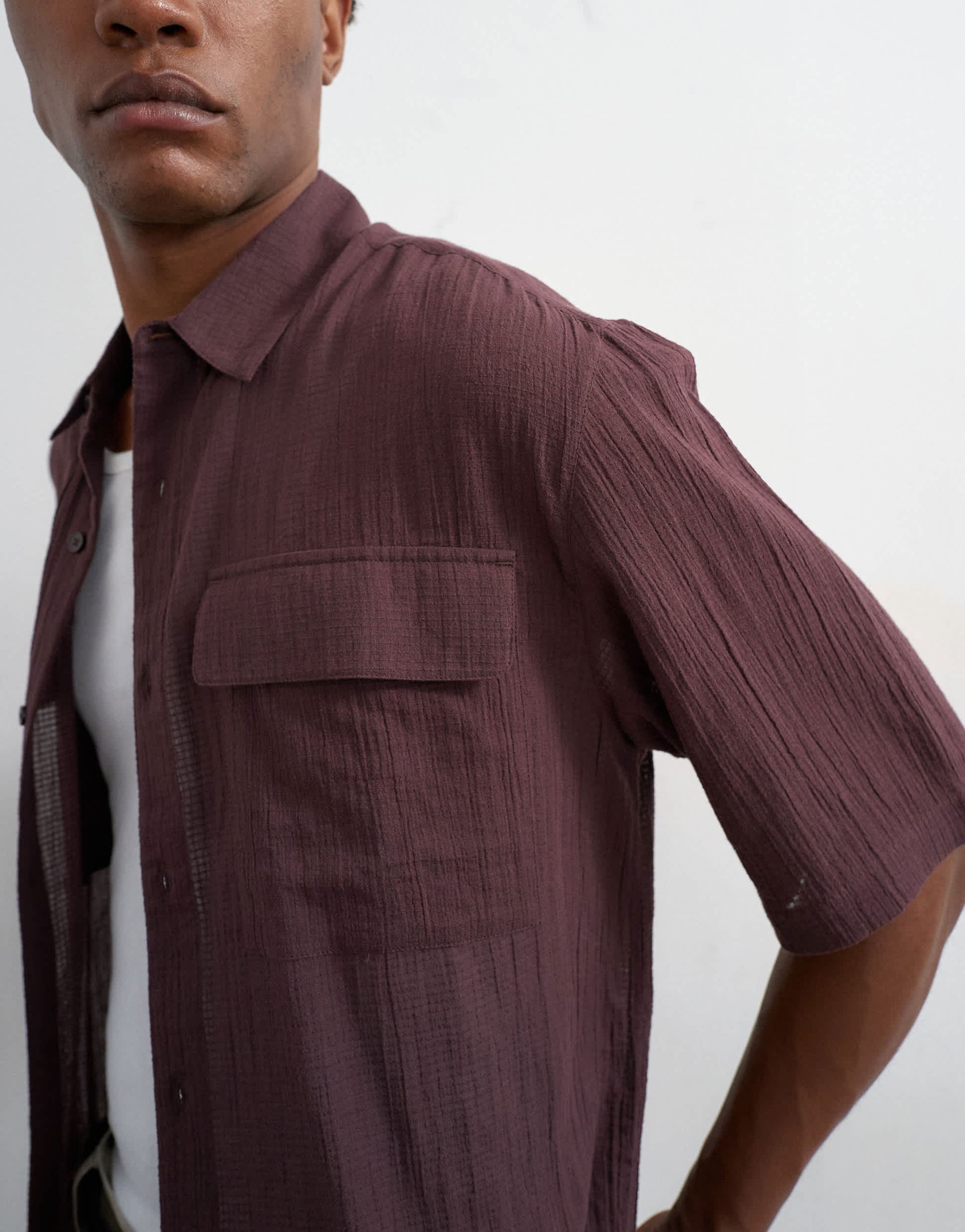 Topman relaxed fit crop sheer ripstop short sleeve shirt in brown