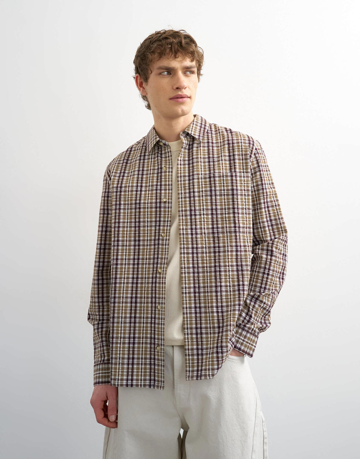 Topman regular fit textured check shirt in brown