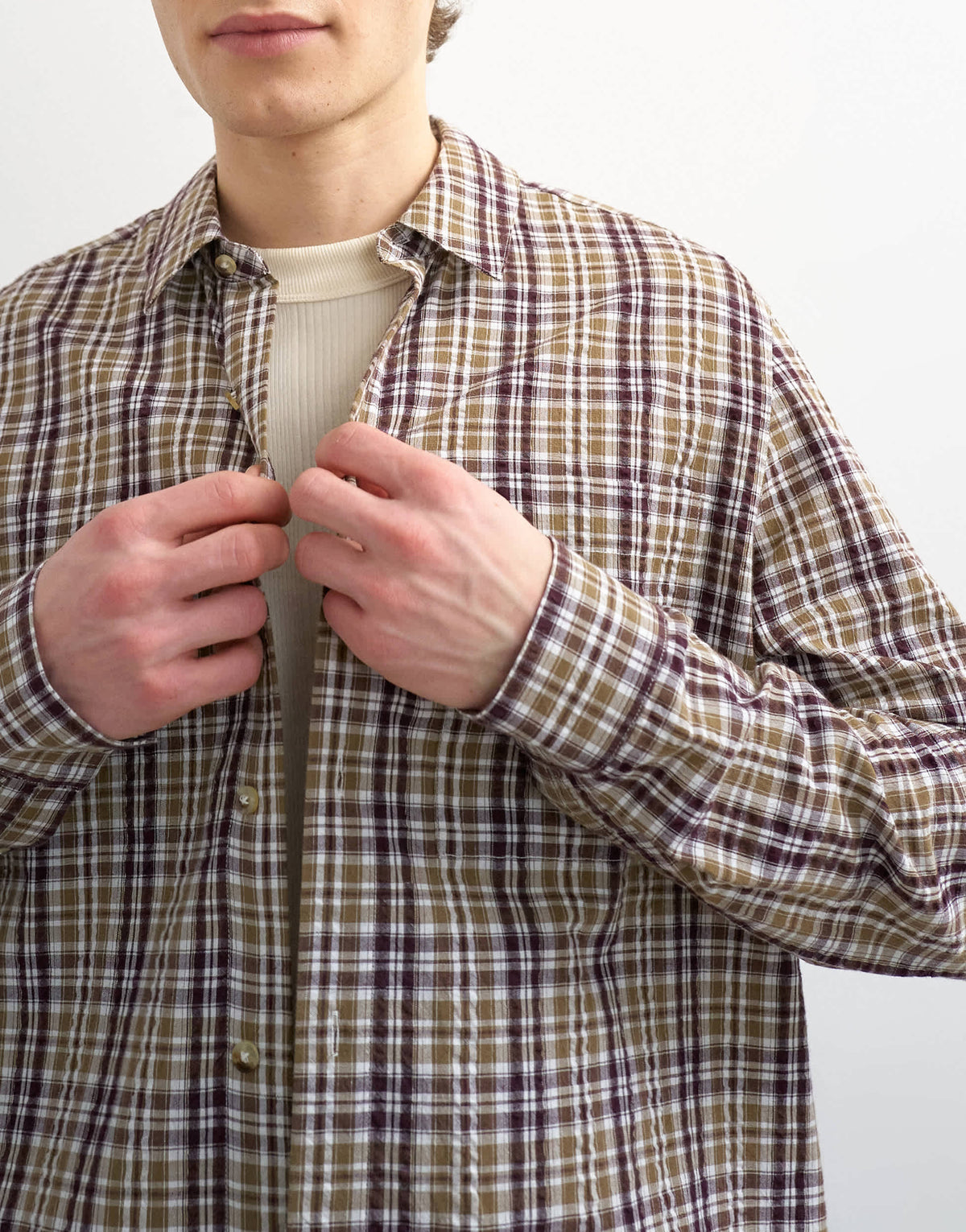 Topman regular fit textured check shirt in brown