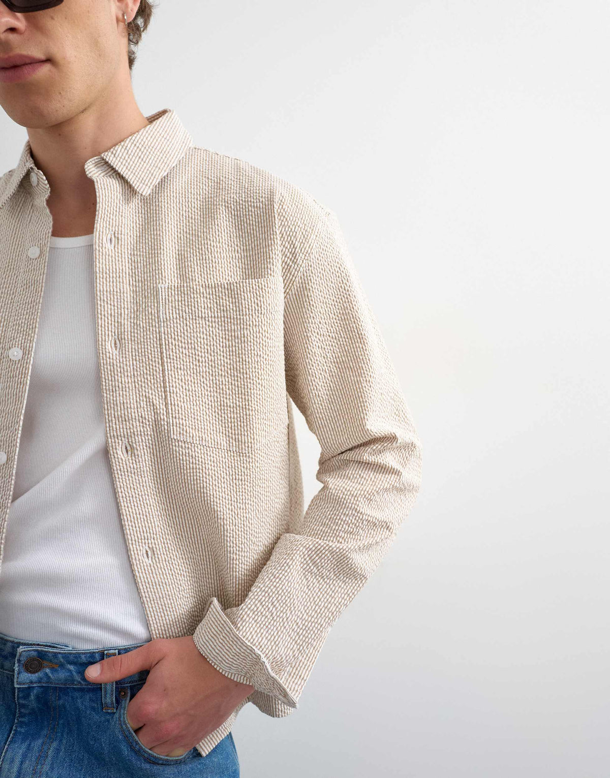 Topman relaxed fit crop seersucker shirt in stone