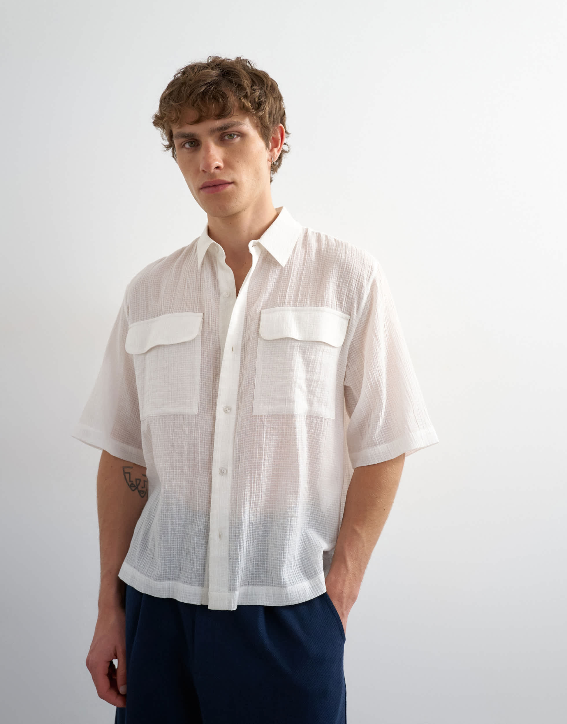 Topman relaxed fit crop sheer ripstop short sleeve shirt in white