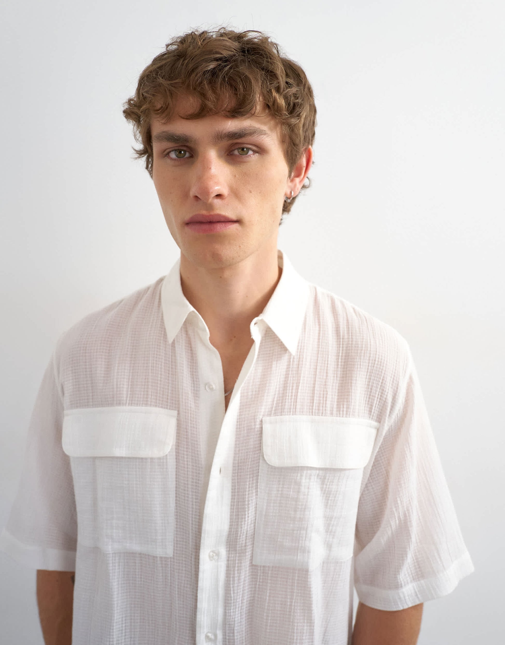 Topman relaxed fit crop sheer ripstop short sleeve shirt in white
