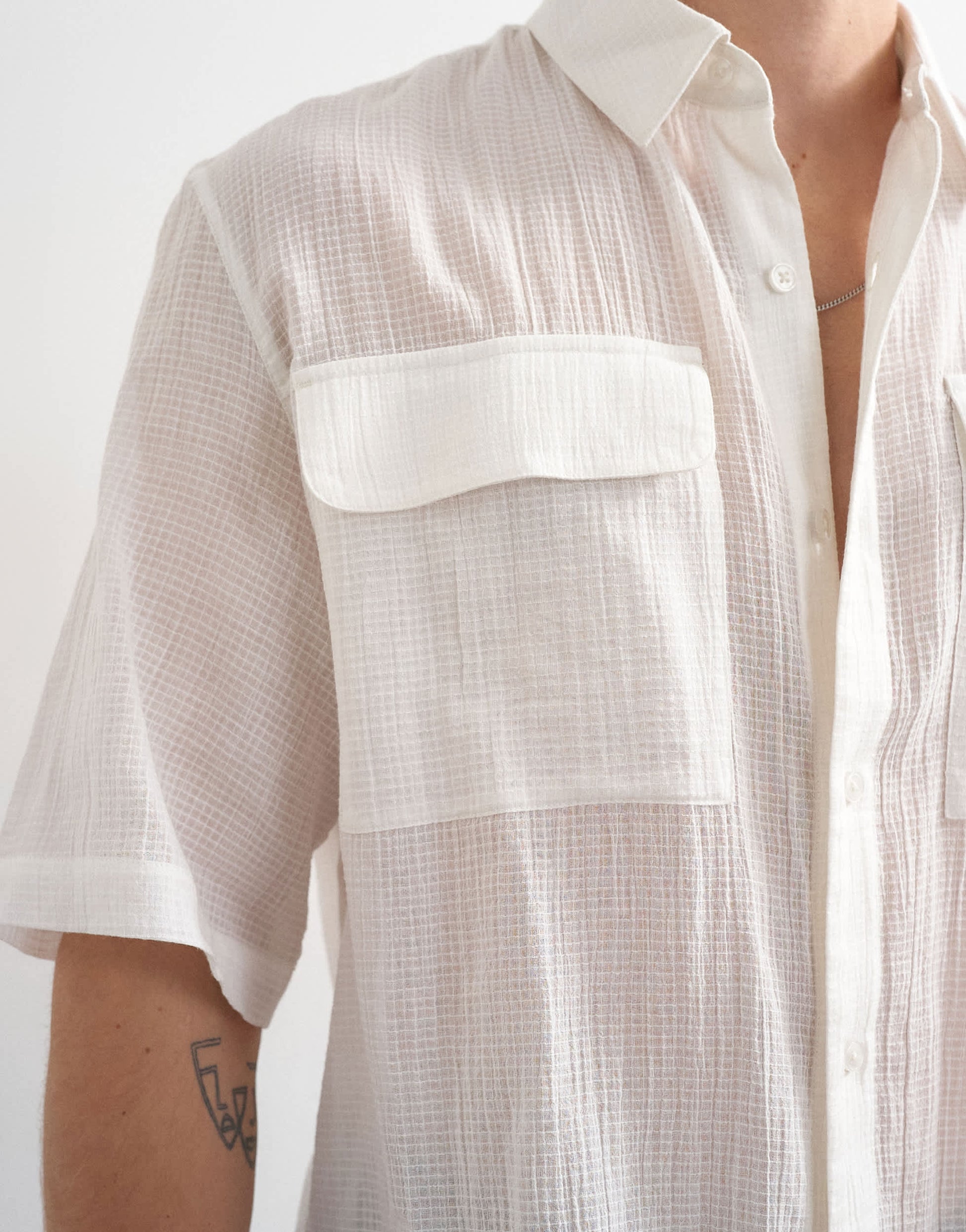 Topman relaxed fit crop sheer ripstop short sleeve shirt in white