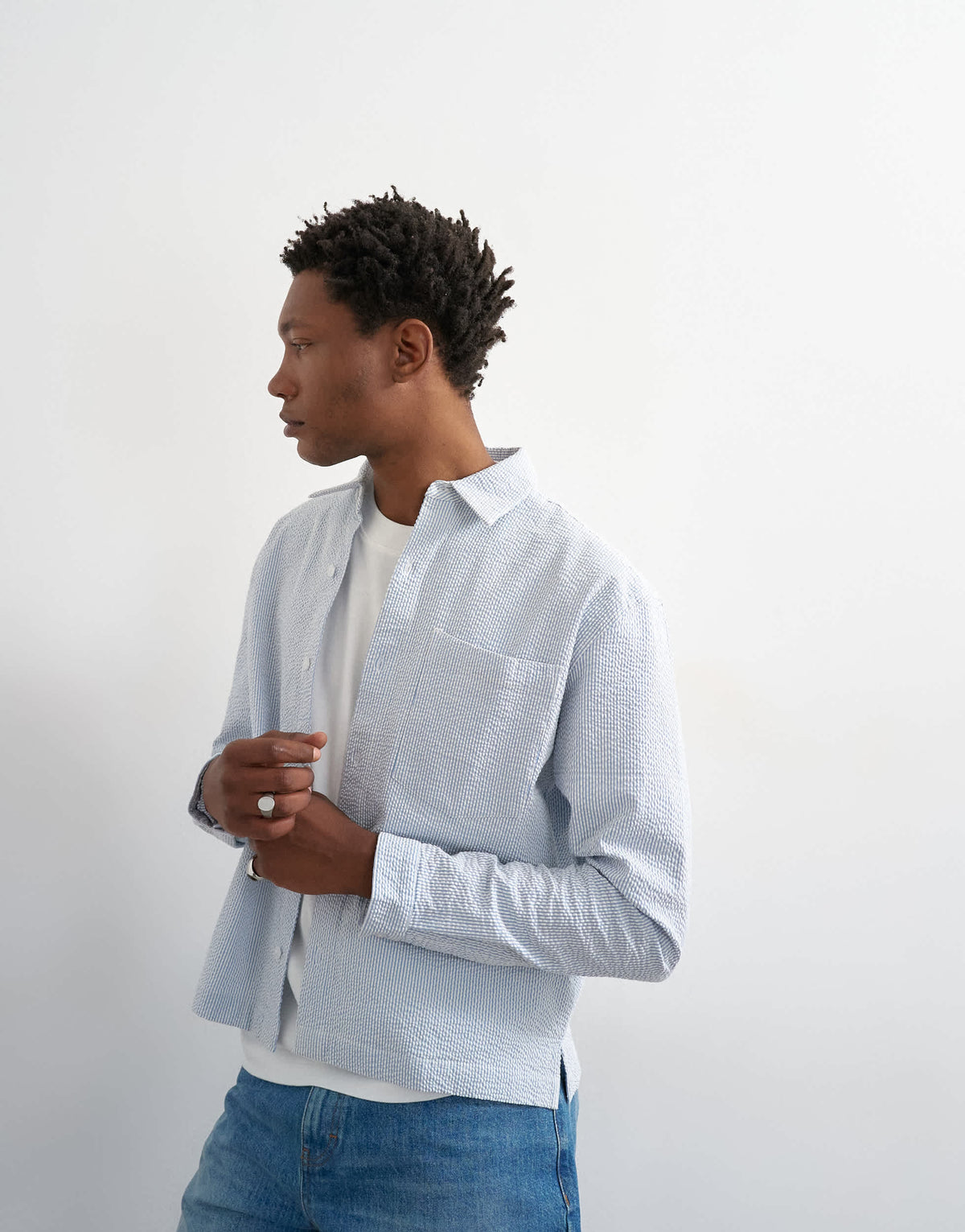 Topman relaxed fit crop seersucker shirt in light blue