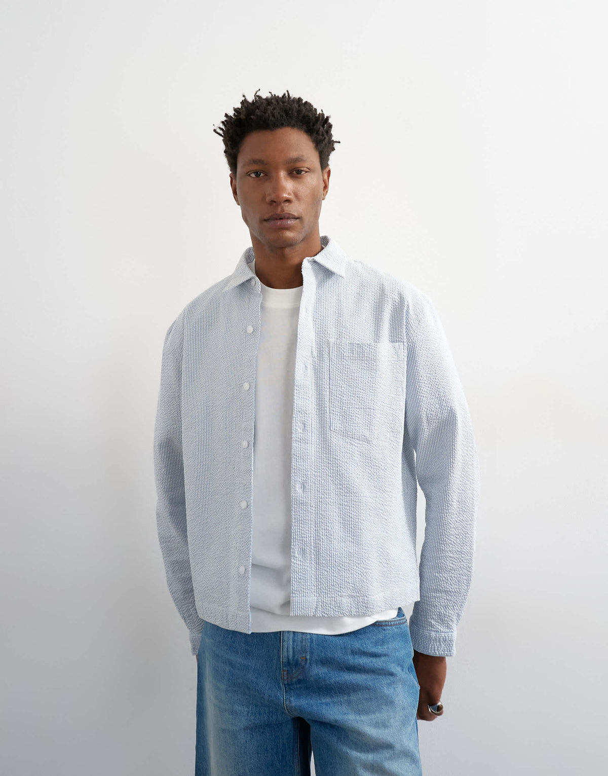 Topman relaxed fit crop seersucker shirt in light blue