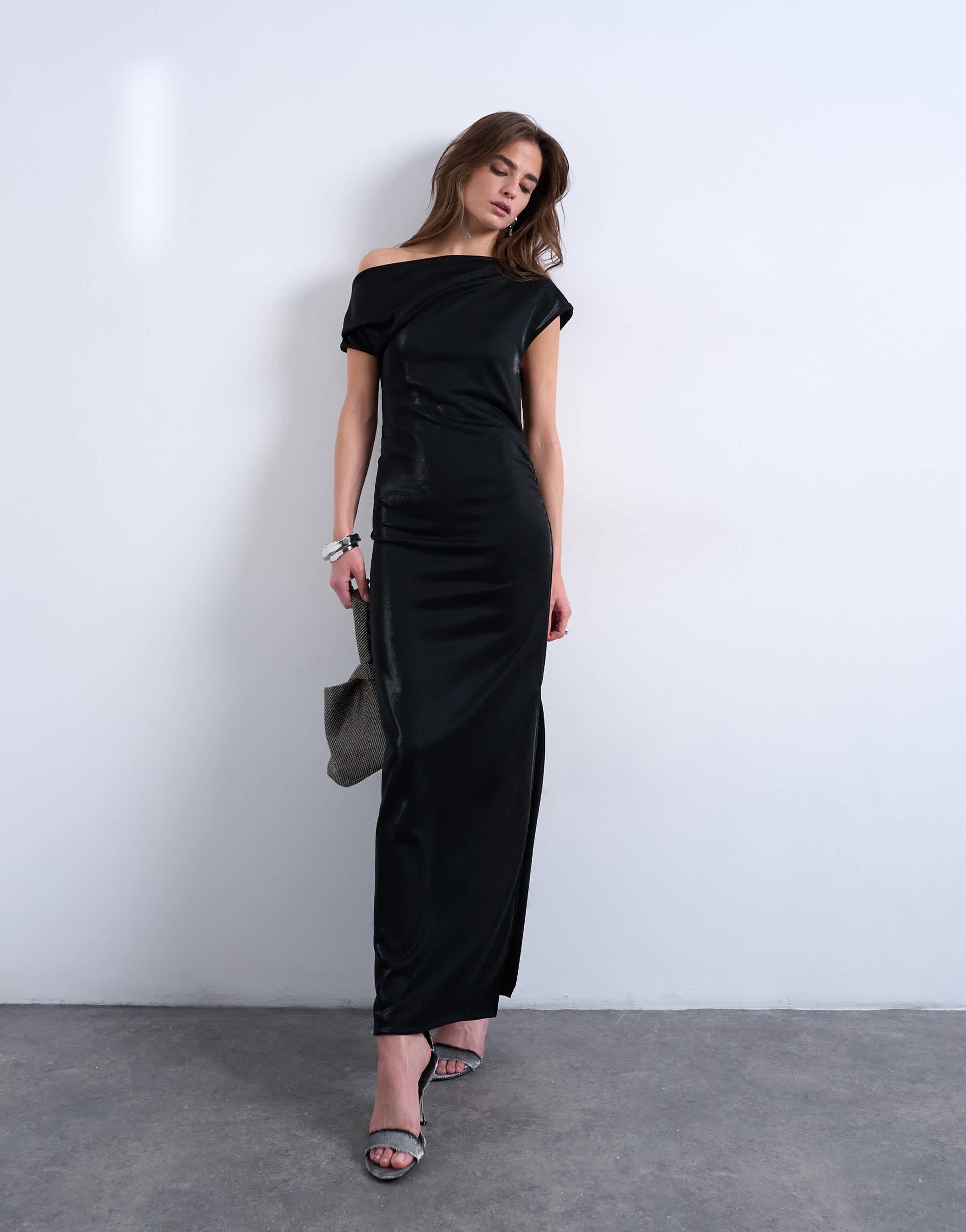 Topshop iridescent off shoulder maxi dress in black