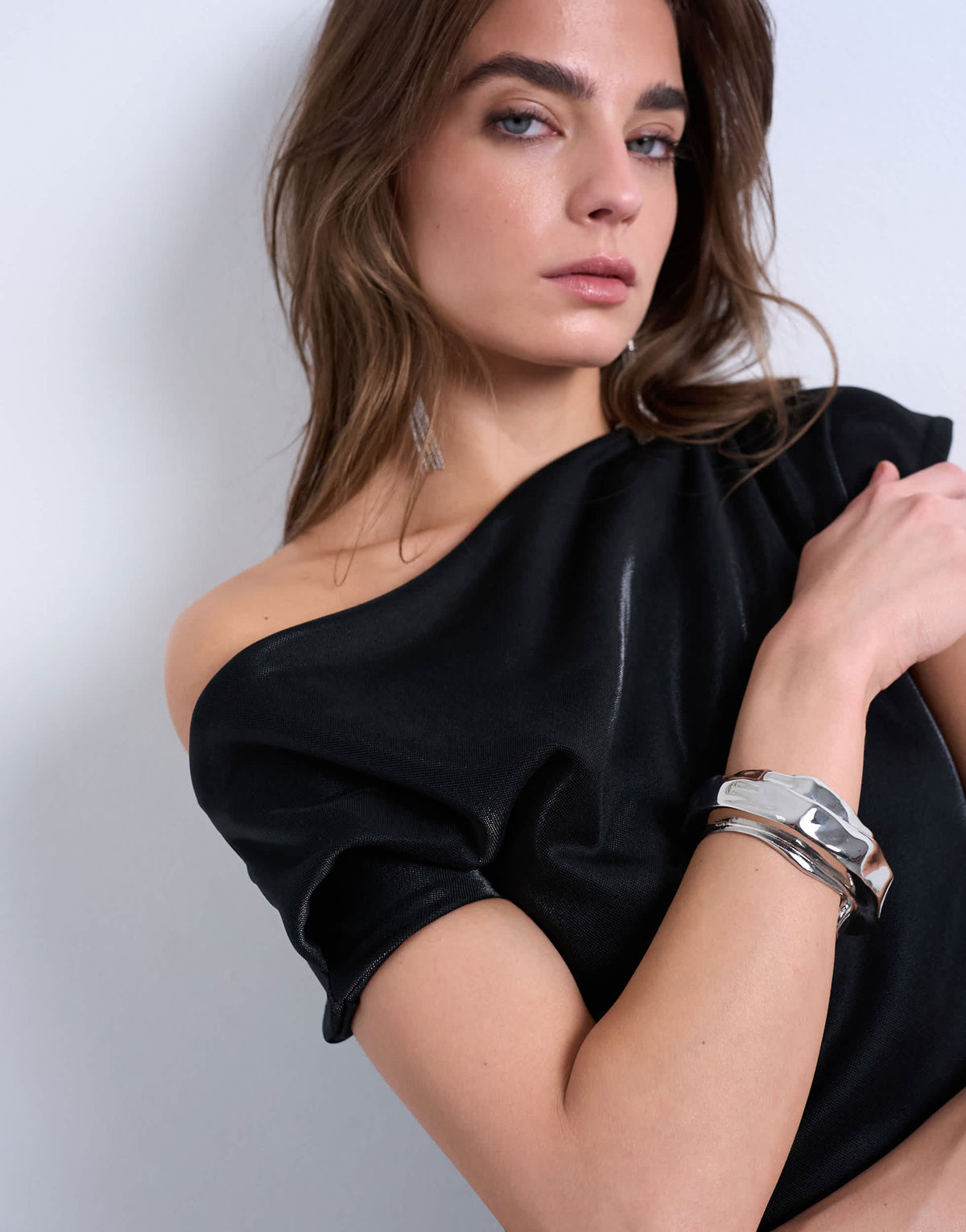 Topshop iridescent off shoulder maxi dress in black