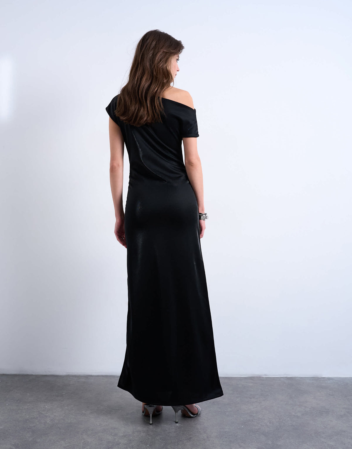 Topshop iridescent off shoulder maxi dress in black
