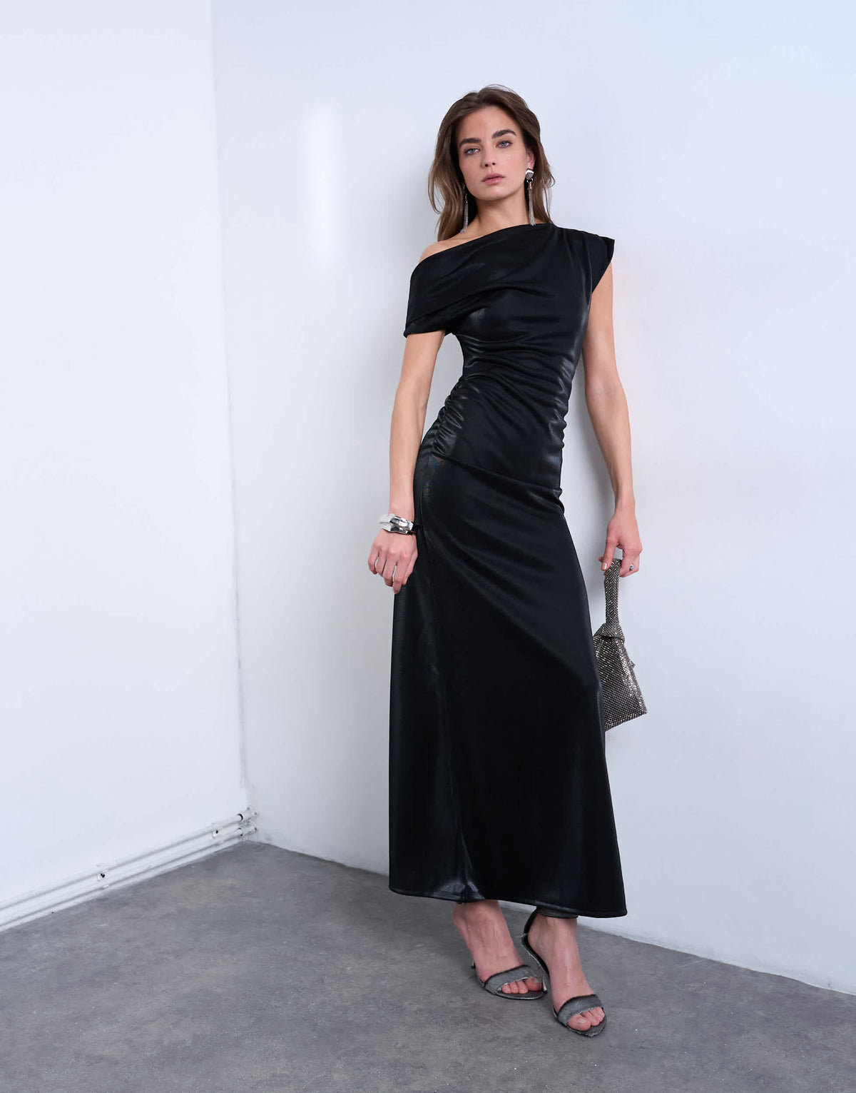 Topshop iridescent off shoulder maxi dress in black