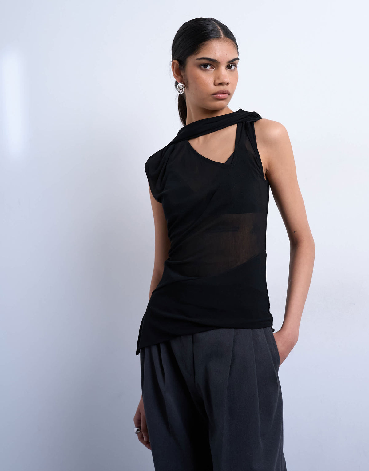 Topshop mesh v-neck scarf detail top in black