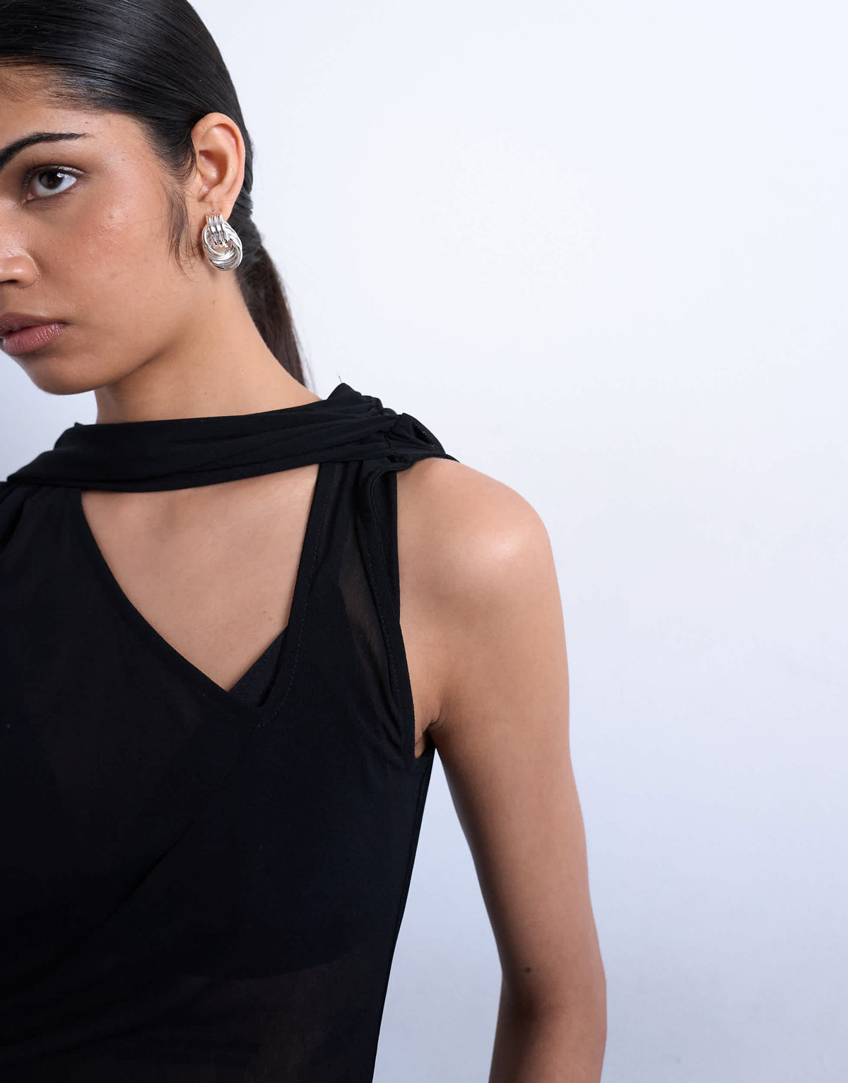 Topshop mesh v-neck scarf detail top in black