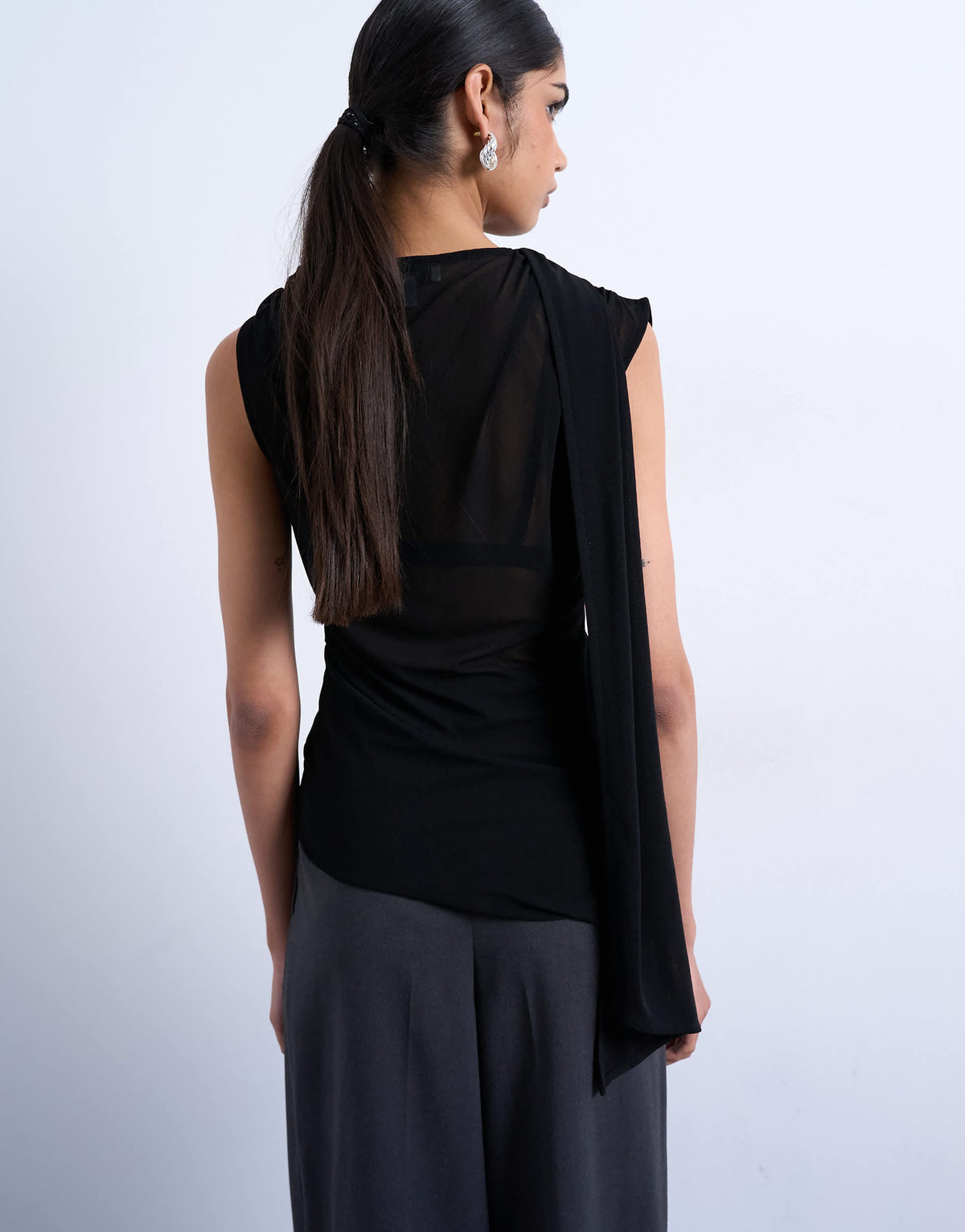 Topshop mesh v-neck scarf detail top in black
