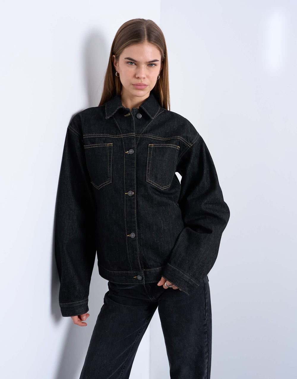 Topshop denim cinch detail shacket in black ecru