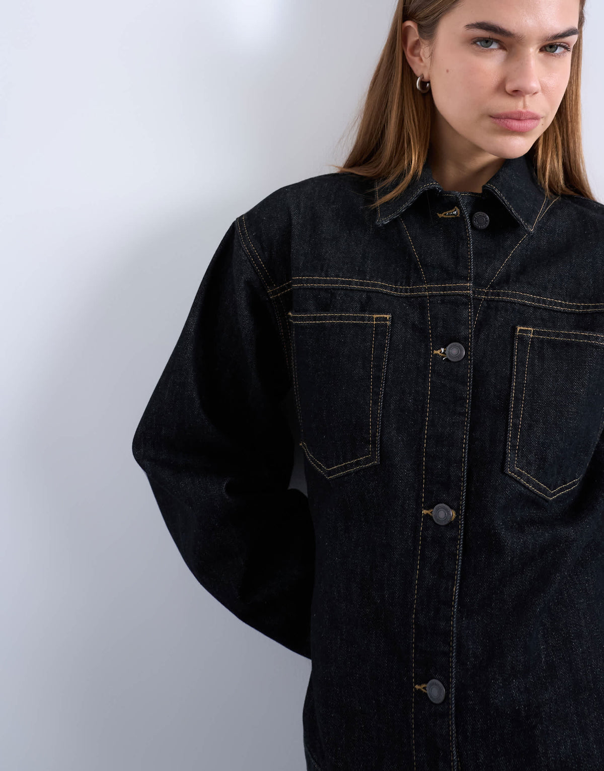 Topshop denim cinch detail shacket in black ecru