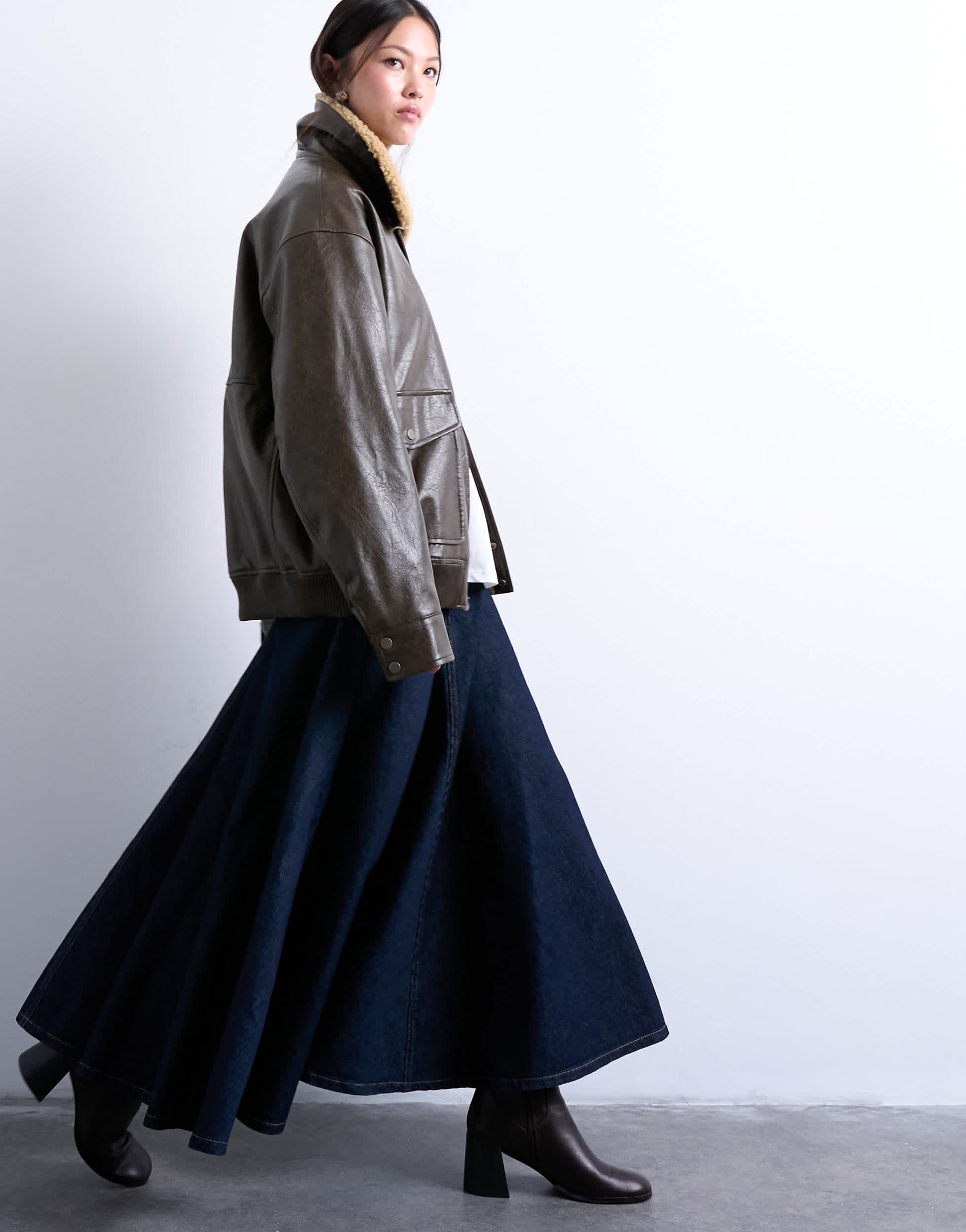 Topshop denim front yoke maxi skirt in indigo