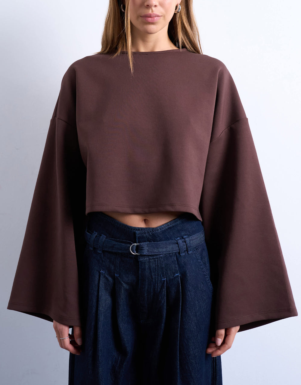 Topshop interlock long wide sleeve top in chocolate brown