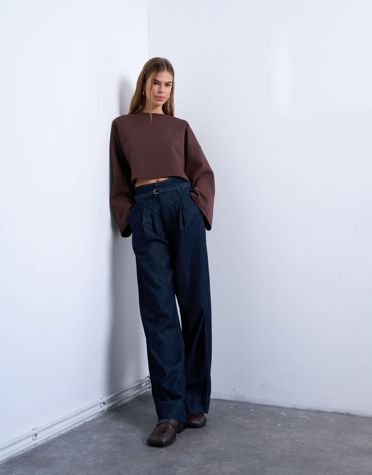 Topshop interlock long wide sleeve top in chocolate brown