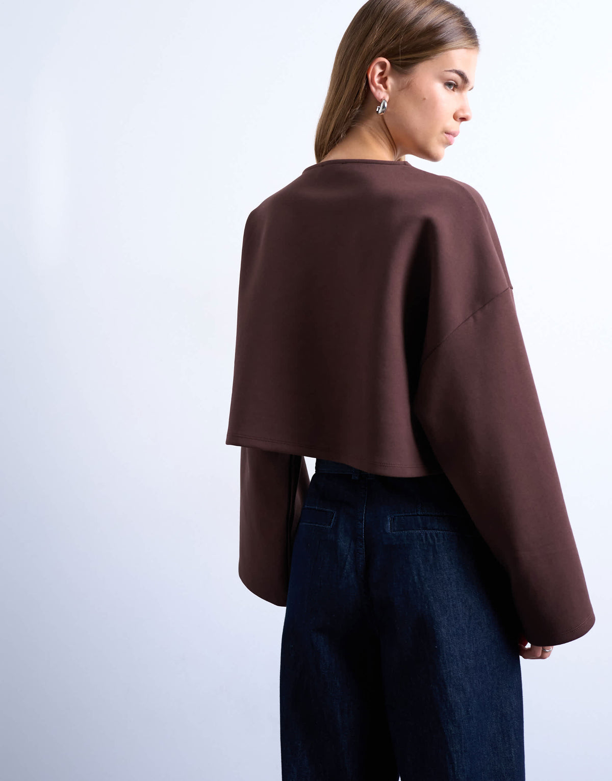 Topshop interlock long wide sleeve top in chocolate brown