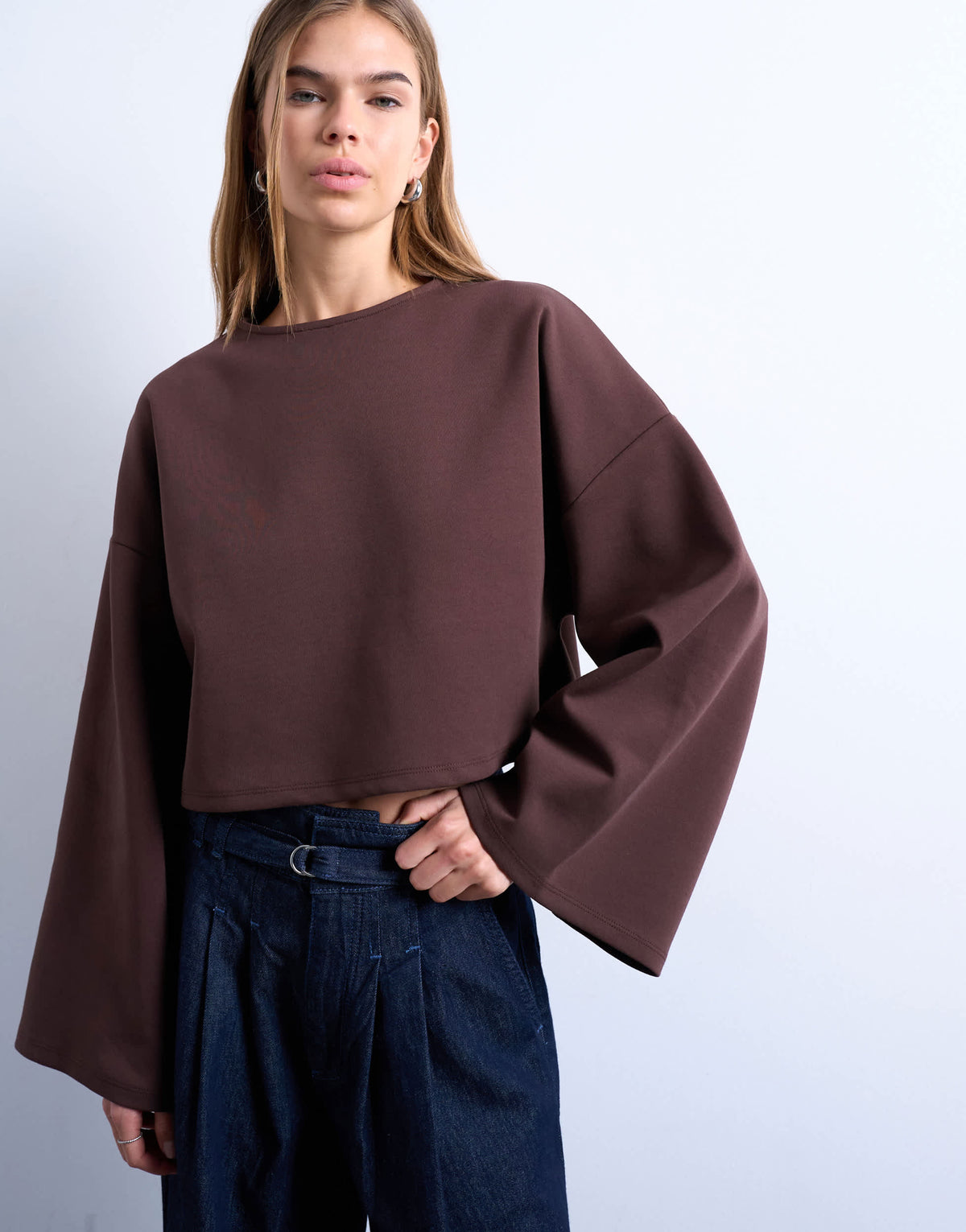 Topshop interlock long wide sleeve top in chocolate brown