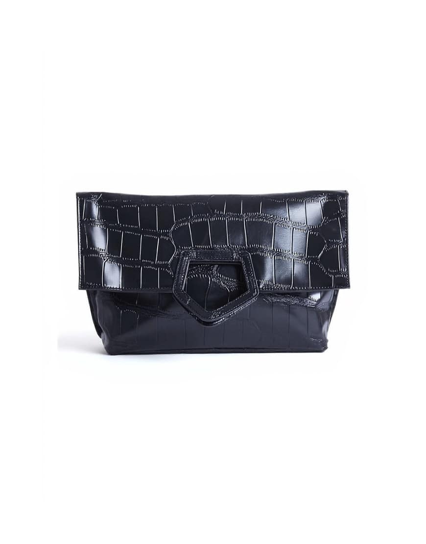 Topshop Gregry folded oversized clutch bag in black croc