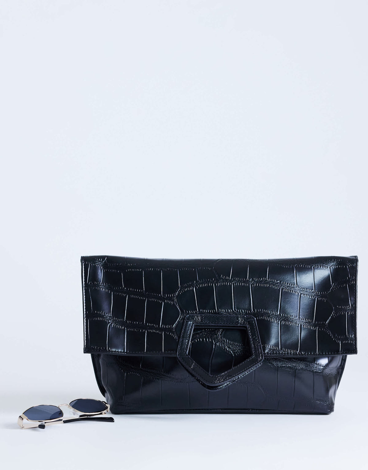 Topshop Gregry folded oversized clutch bag in black croc